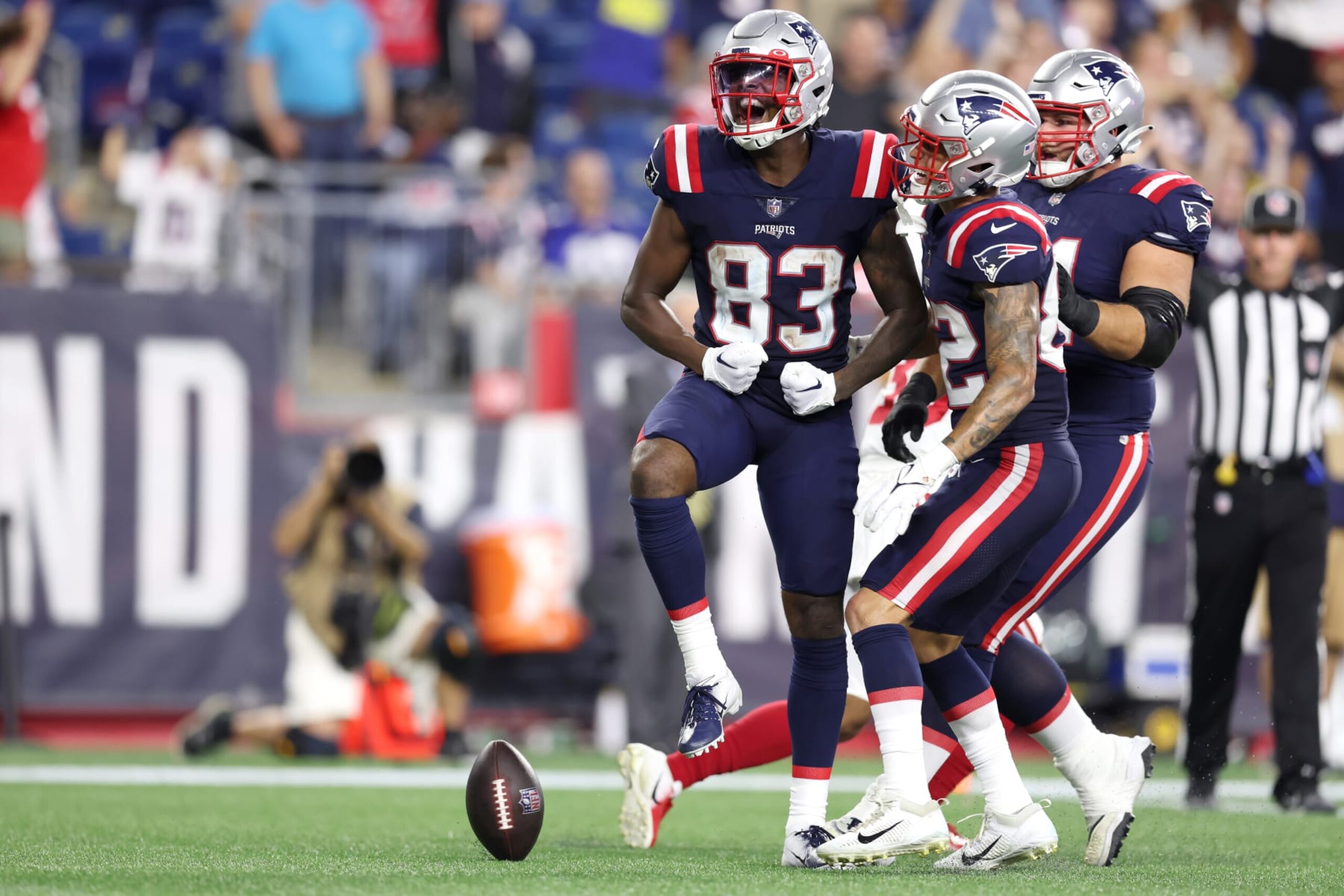 FOXBOROUGH, MASSACHUSETTS - AUGUST 11: Lil'Jordan Humphrey #83 of the New England Patriots celebrates after scoring a touchdown during the preseason game between the New York Giants and the New England Patriots at Gillette Stadium on August 11, 2022 in Foxborough, Massachusetts. (Photo by Maddie Meyer/Getty Images)
