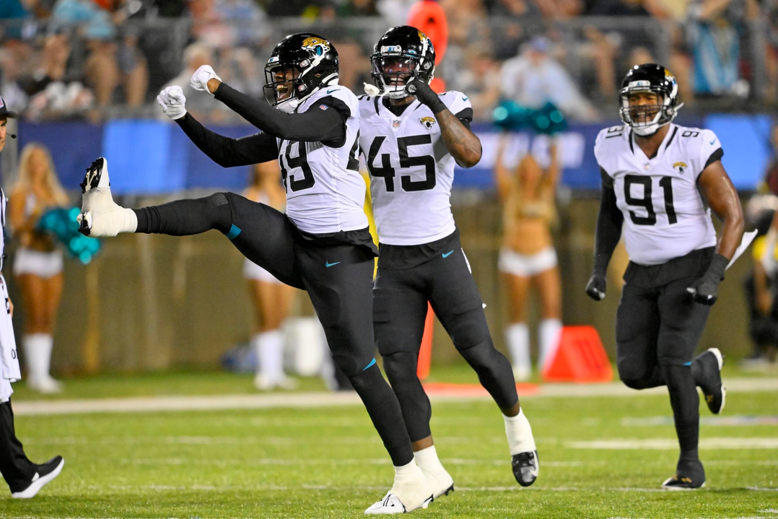 Jacksonville Jaguars defensive end Arden Key (49) celebrates a sack during the first half of the team's NFL football exhibition Hall of Fame Game against the Las Vegas Raiders, Thursday, Aug. 4, 2022, in Canton, Ohio. (AP Photo/David Richard)
