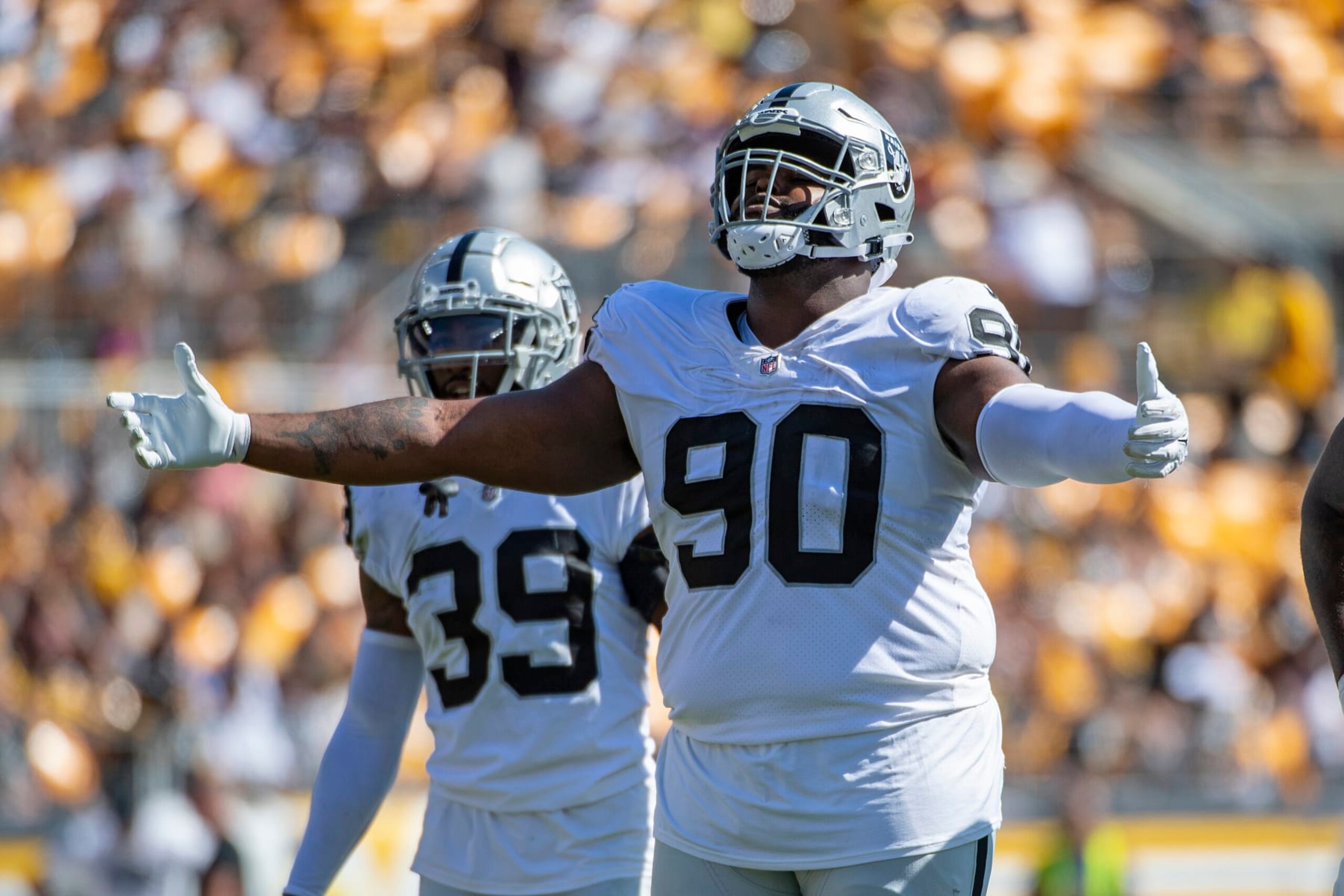 Las Vegas Raiders defensive tackle Johnathan Hankins (90) reacts after a defensive stop in the second half during an NFL football game, Sunday, Sept. 19, 2021, in Pittsburgh. (AP Photo/Justin Berl)