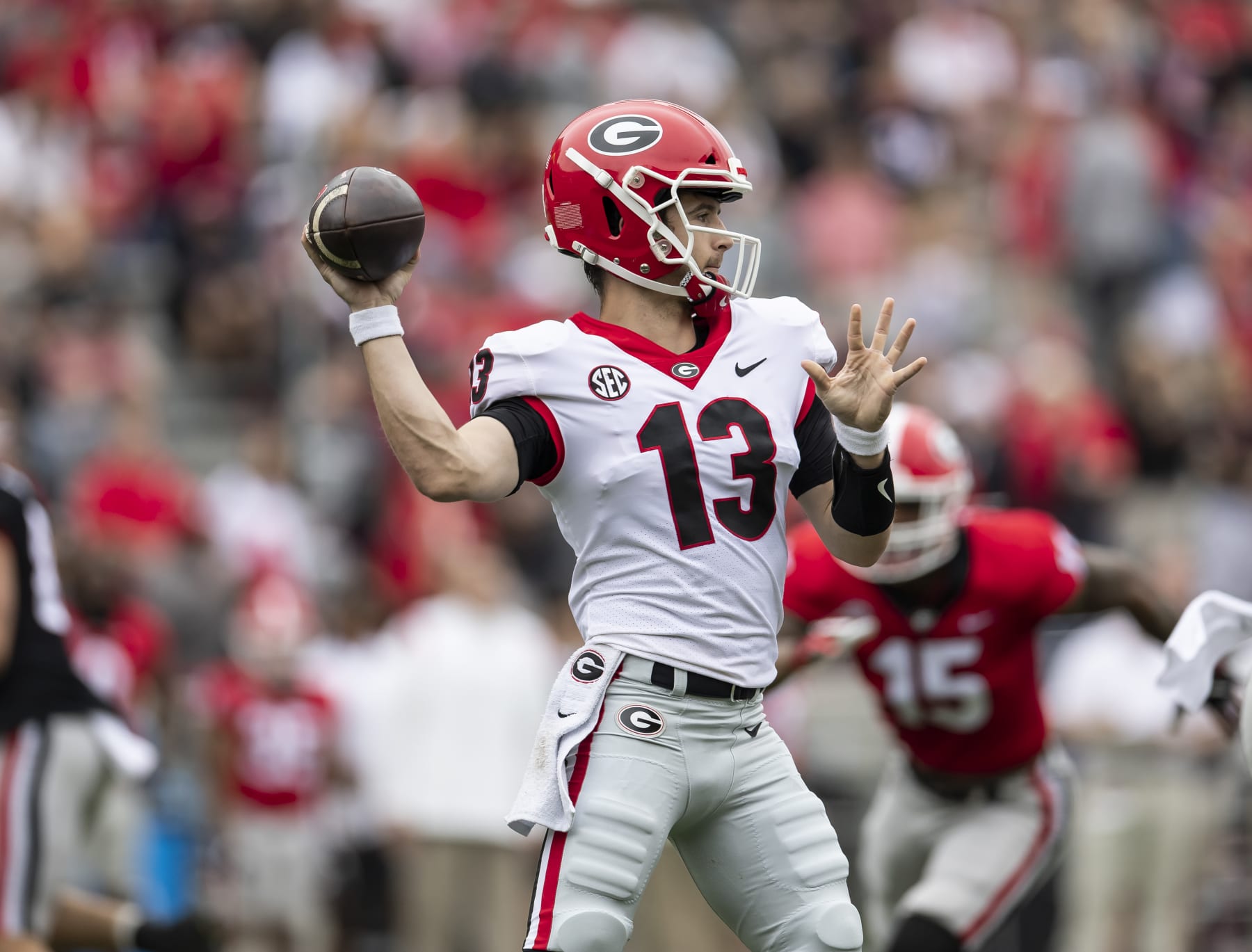 ATHENS, GA - APRIL 16: Stetson Bennett #13 during the Georgia Bulldogs Spring game at Sanford Stadium on April 16, 2022 in Athens, Georgia. (Photo by Steve Limentani/ISI Photos/Getty Images)