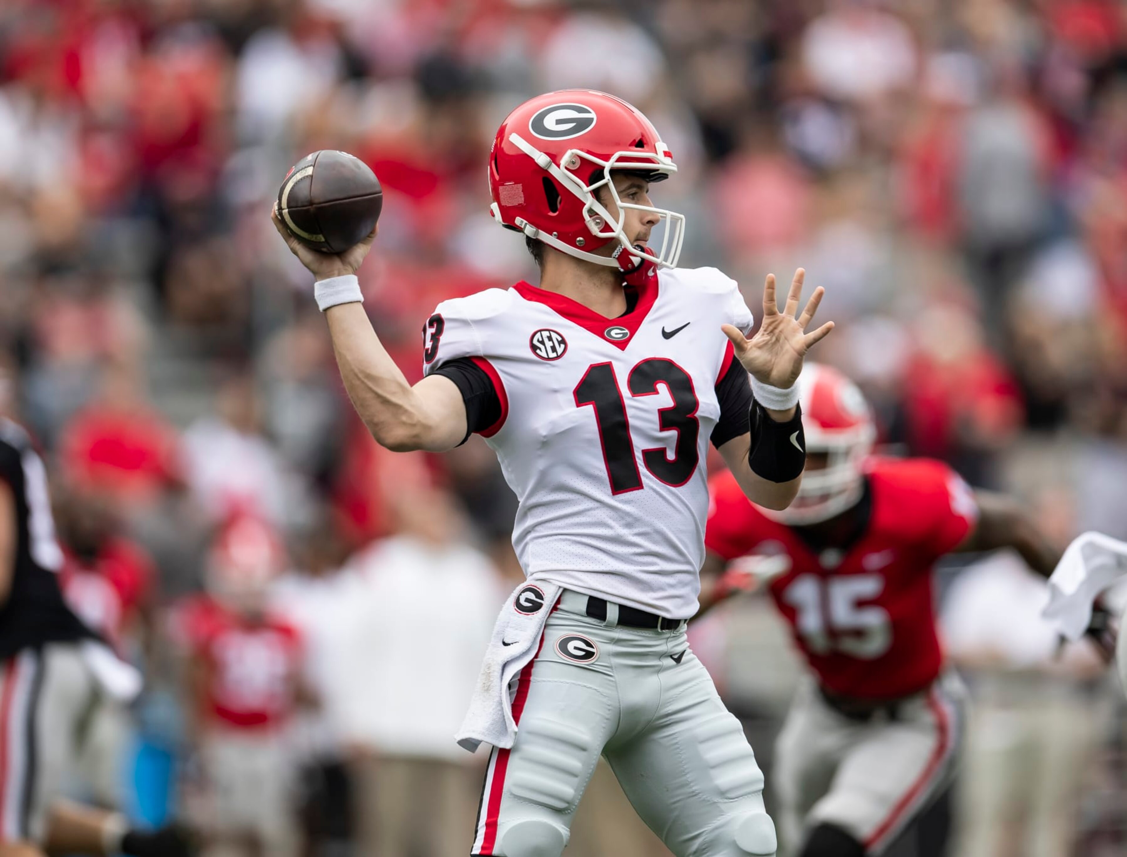ATHENS, GA - APRIL 16: Stetson Bennett #13 during the Georgia Bulldogs Spring game at Sanford Stadium on April 16, 2022 in Athens, Georgia. (Photo by Steve Limentani/ISI Photos/Getty Images) ATHENS, GA - APRIL 16: Stetson Bennett #13 during the Georgia Bulldogs Spring game at Sanford Stadium on April 16, 2022 in Athens, Georgia. (Photo by Steve Limentani/ISI Photos/Getty Images)