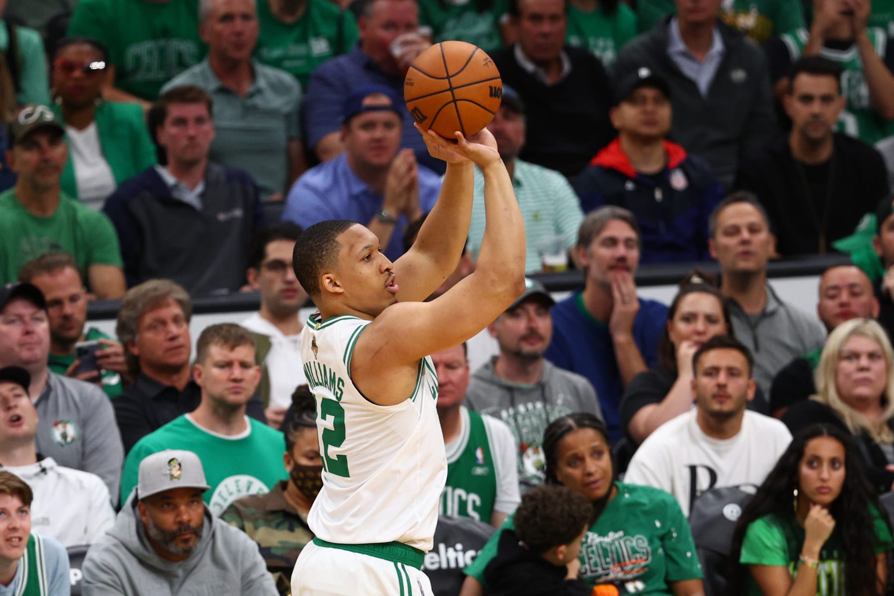 BOSTON, MASSACHUSETTS - JUNE 16: Grant Williams #12 of the Boston Celtics shoots a three pointer against the Golden State Warriors during the second quarter in Game Six of the 2022 NBA Finals at TD Garden on June 16, 2022 in Boston, Massachusetts. NOTE TO USER: User expressly acknowledges and agrees that, by downloading and/or using this photograph, User is consenting to the terms and conditions of the Getty Images License Agreement. (Photo by Elsa/Getty Images)