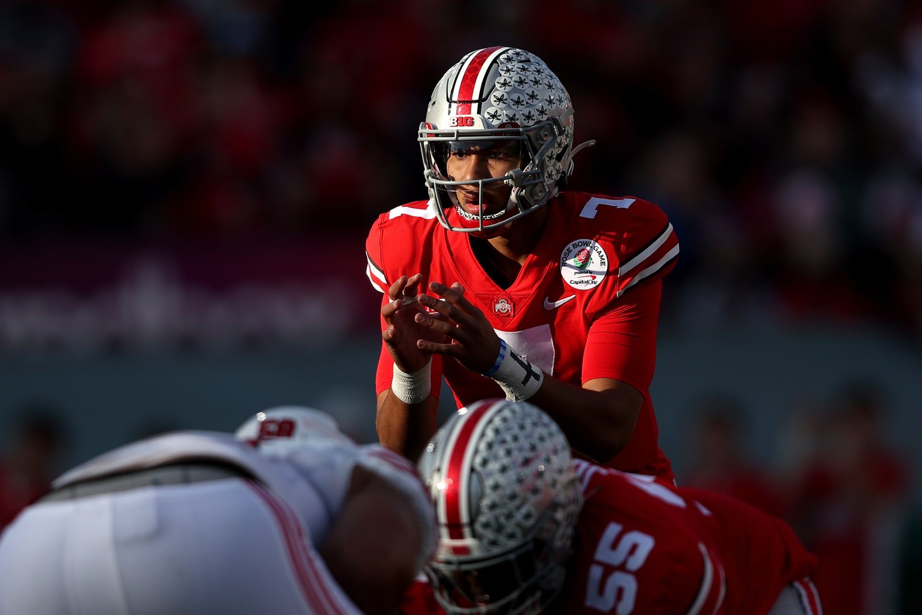 PASADENA, CALIFORNIA - JANUARY 01: C.J. Stroud #7 of the Ohio State Buckeyes awaits the snap against the Utah Utes during the first half of the Rose Bowl game at Rose Bowl on January 01, 2022 in Pasadena, California. (Photo by Sean M. Haffey/Getty Images)