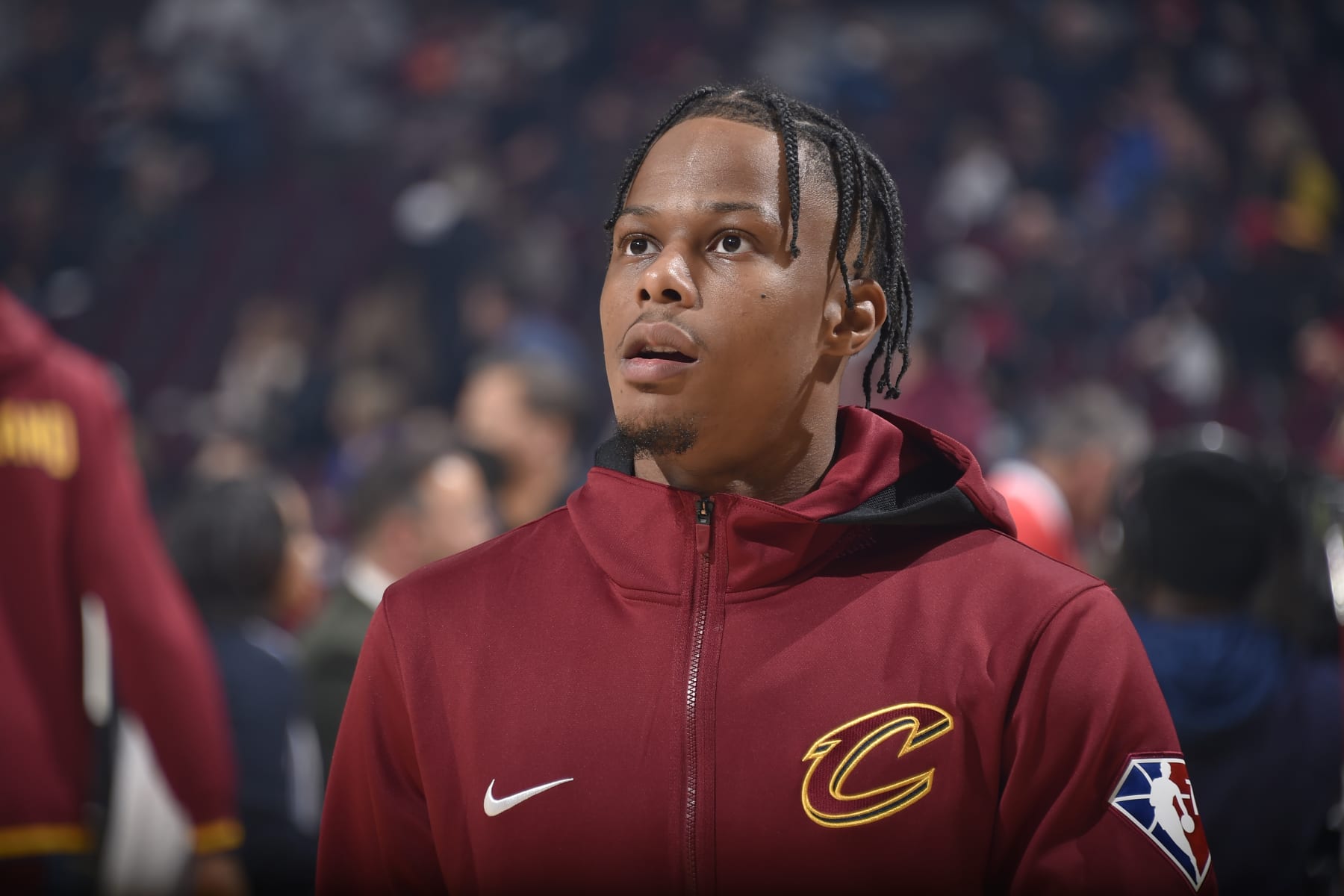 CLEVELAND, OH - APRIL 10: Isaac Okoro #35 of the Cleveland Cavaliers looks on before the game against the Milwaukee Bucks on April 10, 2022 at Rocket Mortgage FieldHouse in Cleveland, Ohio. NOTE TO USER: User expressly acknowledges and agrees that, by downloading and/or using this Photograph, user is consenting to the terms and conditions of the Getty Images License Agreement. Mandatory Copyright Notice: Copyright 2022 NBAE (Photo by David Liam Kyle/NBAE via Getty Images)