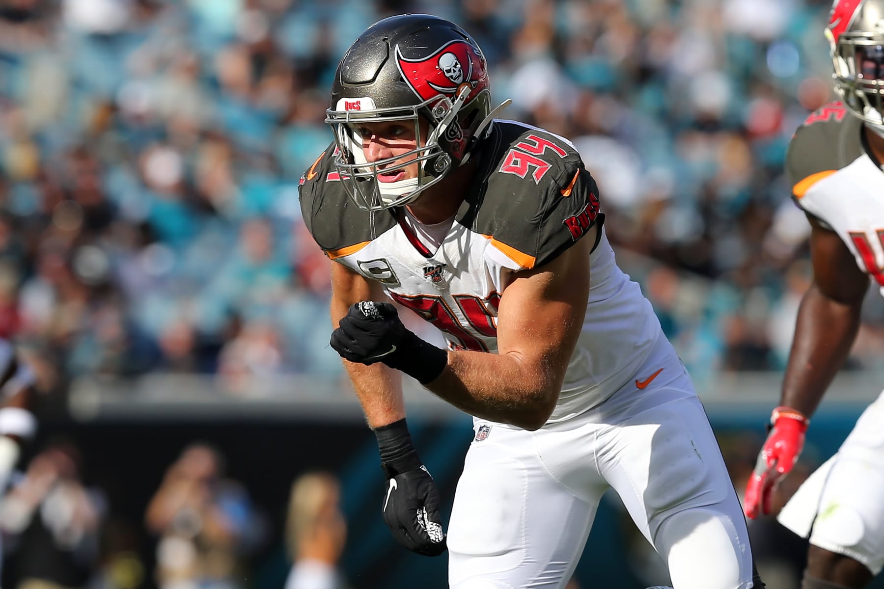 JACKSONVILLE, FL - DECEMBER 01: Carl Nassib (94) of the Bucs rushes the passer during the regular season game between the Tampa Bay Buccaneers and the Jacksonville Jaguars on December 01, 2019 at TIAA Bank Field in Jacksonville, FL. (Photo by Cliff Welch/Icon Sportswire via Getty Images)