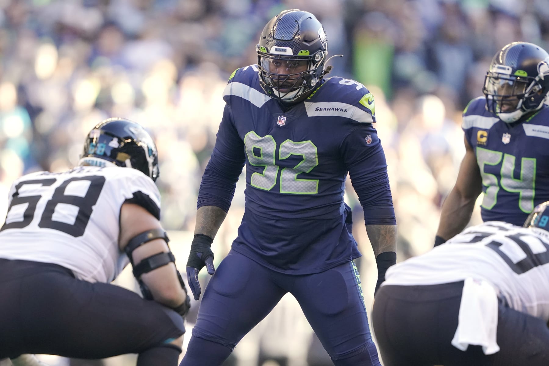 Seattle Seahawks' Robert Nkemdiche (92) lines up for a play against the Jacksonville Jaguars during the second half of an NFL football game, Sunday, Oct. 31, 2021, in Seattle. (AP Photo/Ted S. Warren) Seattle Seahawks' Robert Nkemdiche (92) lines up for a play against the Jacksonville Jaguars during the second half of an NFL football game, Sunday, Oct. 31, 2021, in Seattle. (AP Photo/Ted S. Warren)