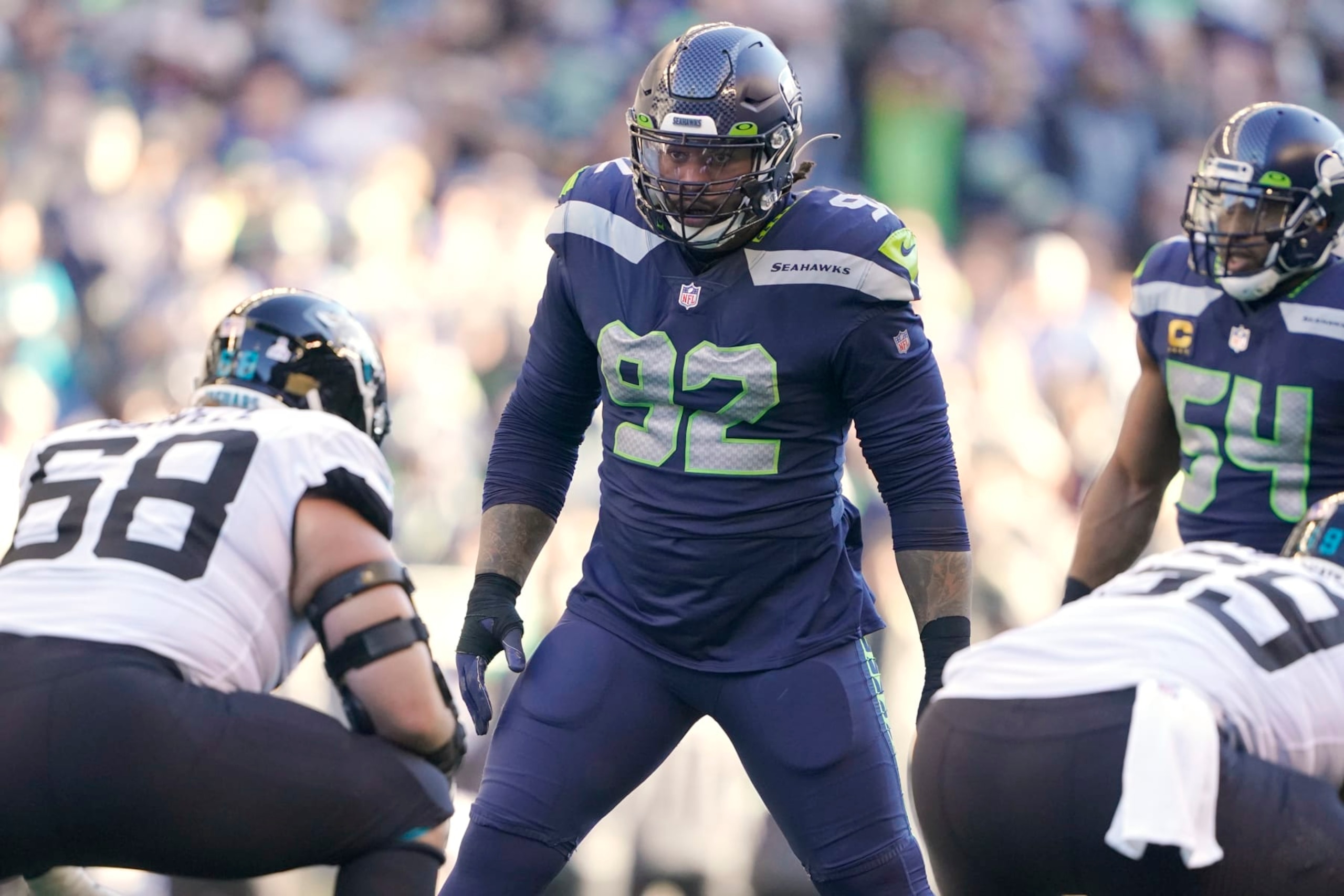 Seattle Seahawks' Robert Nkemdiche (92) lines up for a play against the Jacksonville Jaguars during the second half of an NFL football game, Sunday, Oct. 31, 2021, in Seattle. (AP Photo/Ted S. Warren)