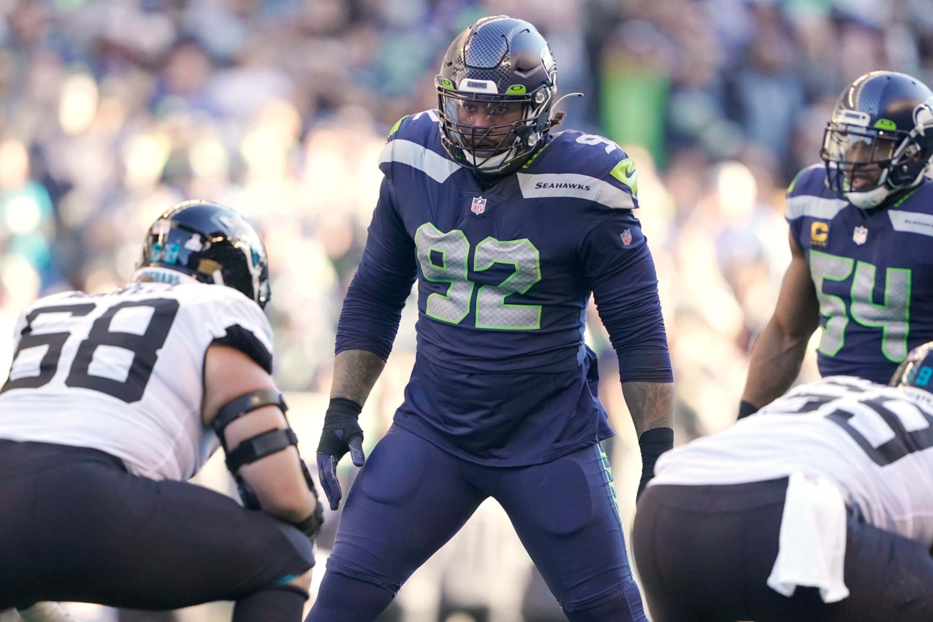 Seattle Seahawks' Robert Nkemdiche (92) lines up for a play against the Jacksonville Jaguars during the second half of an NFL football game, Sunday, Oct. 31, 2021, in Seattle. (AP Photo/Ted S. Warren) Seattle Seahawks' Robert Nkemdiche (92) lines up for a play against the Jacksonville Jaguars during the second half of an NFL football game, Sunday, Oct. 31, 2021, in Seattle. (AP Photo/Ted S. Warren)