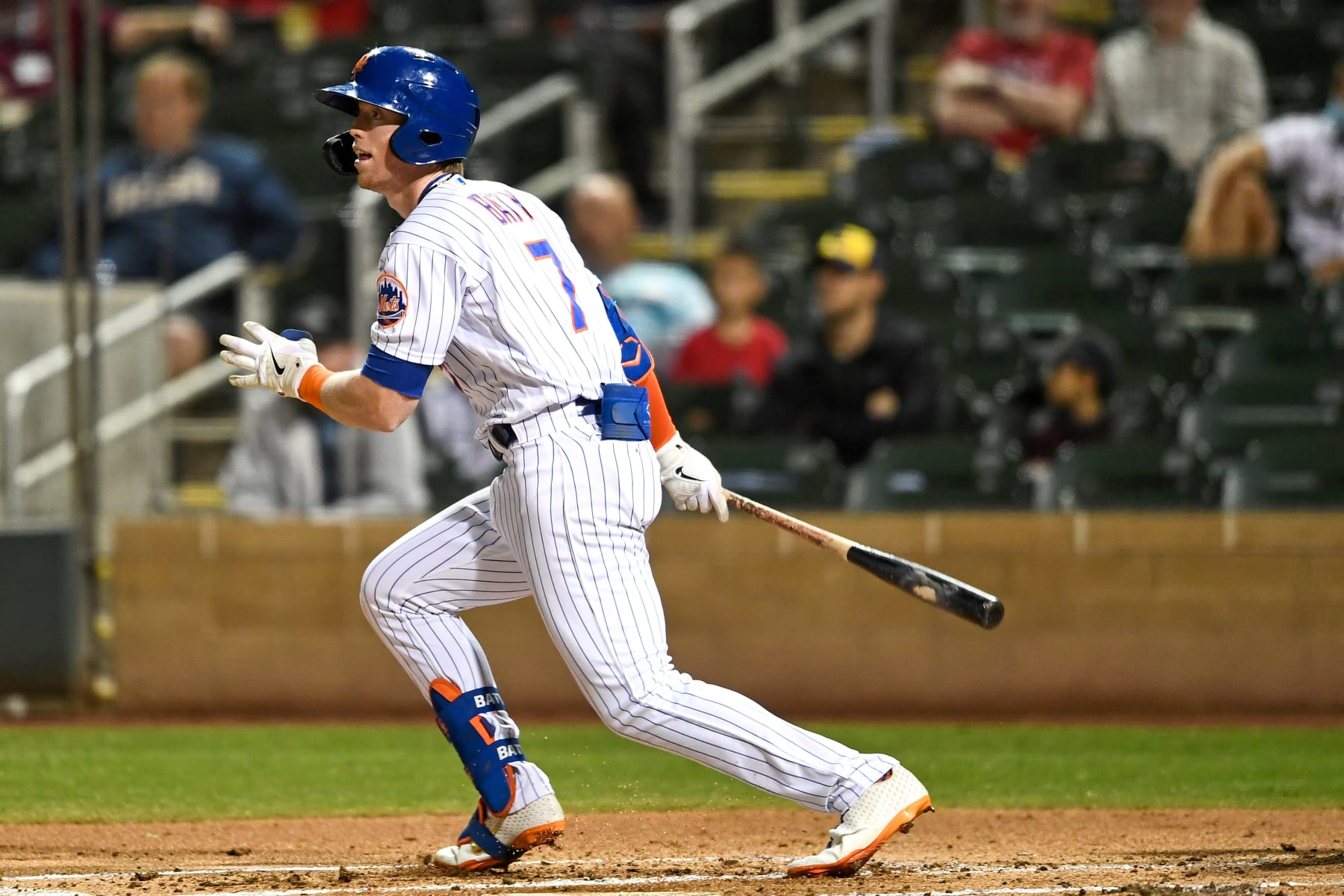 GLENDALE, AZ - NOVEMBER 12, 2021: Brett Baty #7 of the Salt River Rafters bats against the Peoria Javelinas at Salt River Fields on November 12, 2021 in Glendale, Arizona. (Photo by Chris Bernacchi/Diamond Images via Getty Images)
