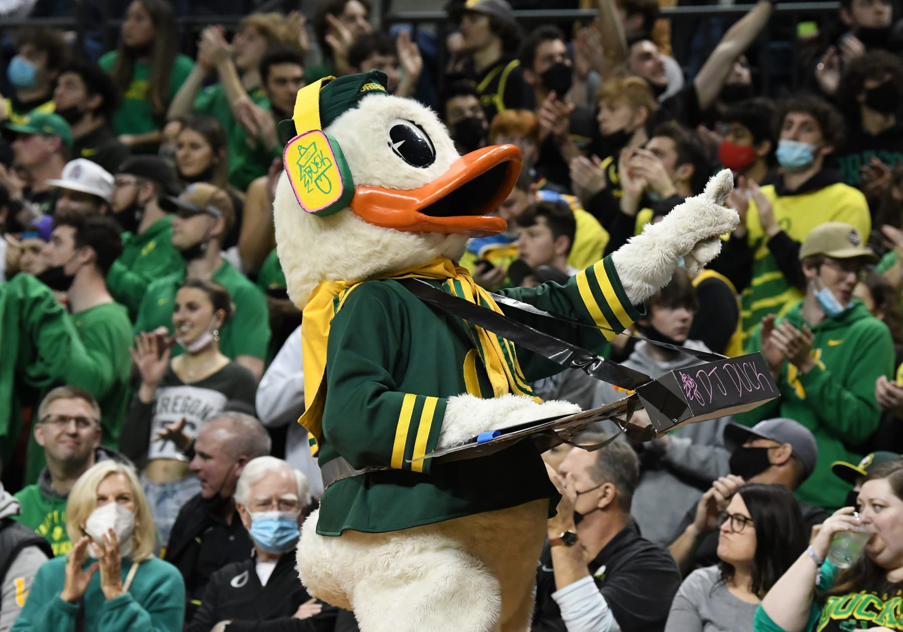 EUGENE, OR - FEBRUARY 24: The Oregon Ducks mascot stirs the crowd during a PAC-12 Conference basketball game between the UCLA Bruins and Oregon Ducks on February 24, 2022 at Matthew Night Arena in Eugene, Oregon. (Photo by Brian Murphy/Icon Sportswire via Getty Images)