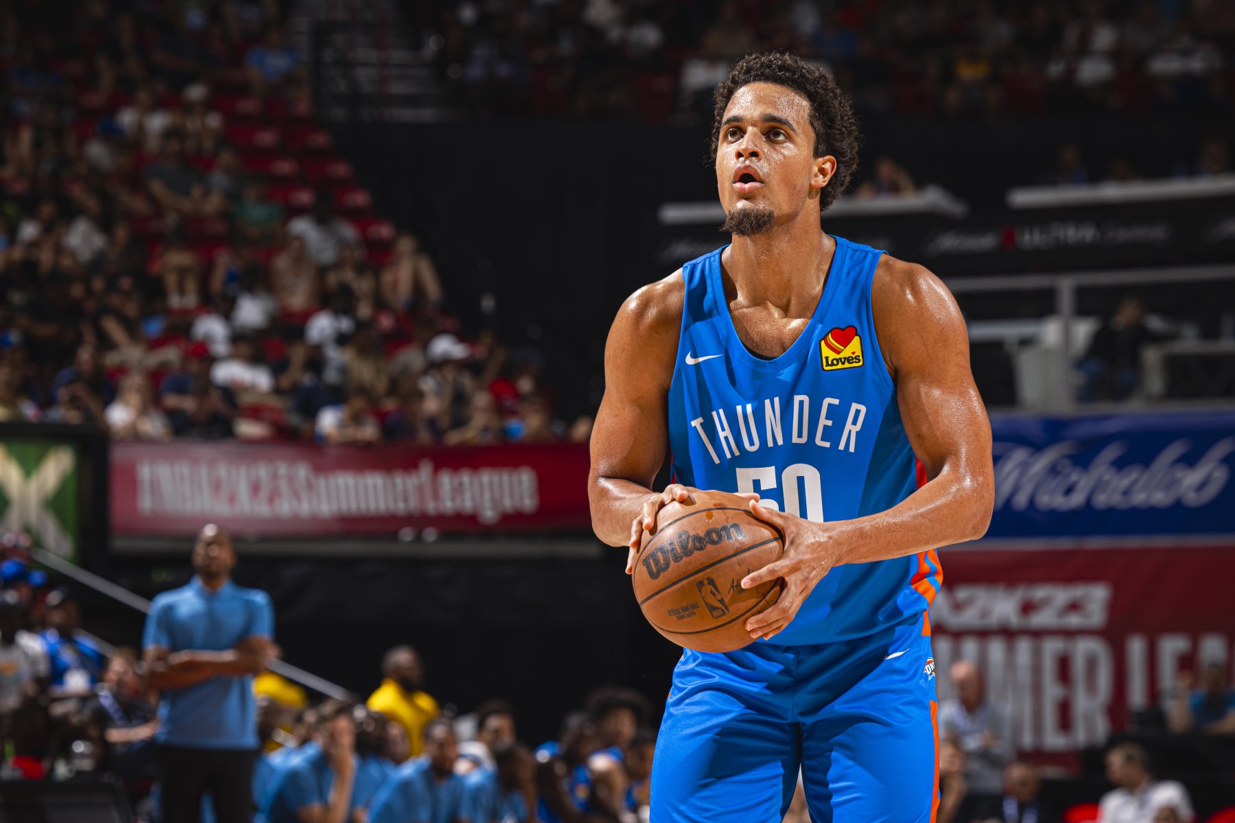 LAS VEGAS, NV - JULY 15: Jeremiah Robinson-Earl #50 of the Oklahoma City Thunder prepares to shoot a free throw during the game Golden State Warriors during the 2022 Las Vegas Summer League on July 15, 2022 at the Cox Pavilion in Las Vegas, Nevada NOTE TO USER: User expressly acknowledges and agrees that, by downloading and/or using this Photograph, user is consenting to the terms and conditions of the Getty Images License Agreement. Mandatory Copyright Notice: Copyright 2022 NBAE (Photo by Zach Beeker/NBAE via Getty Images)