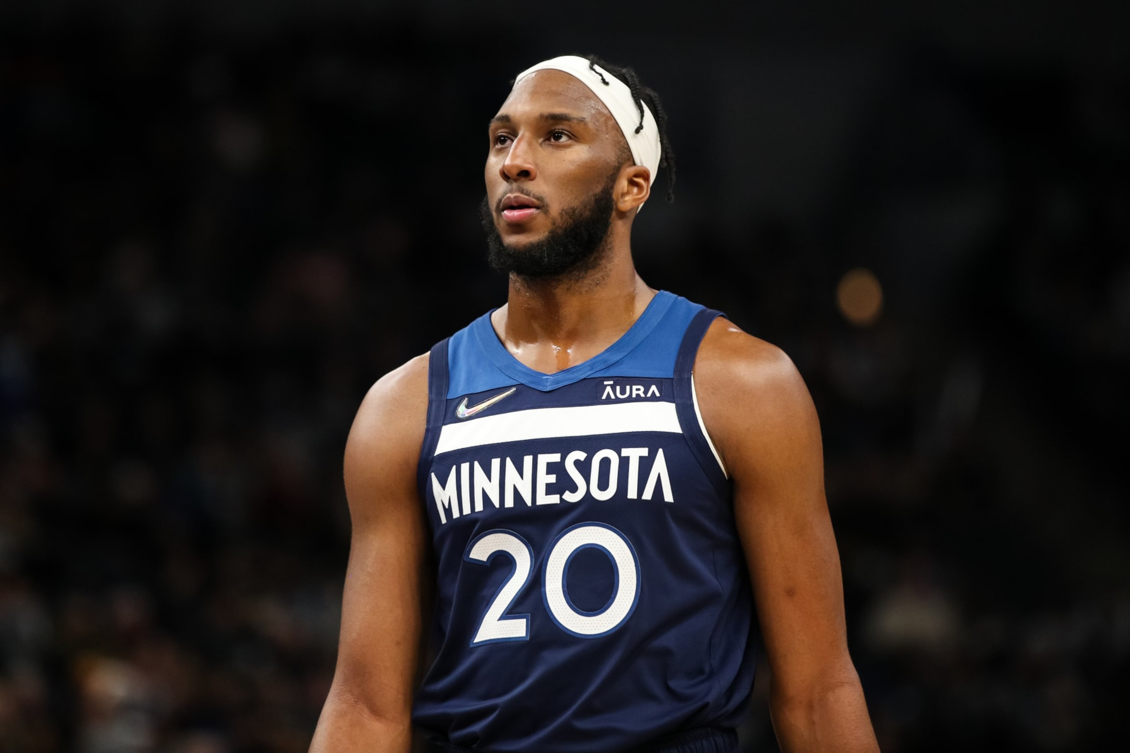 MINNEAPOLIS, MN - MARCH 07: Josh Okogie #20 of the Minnesota Timberwolves looks on against the Portland Trail Blazers in the third quarter of the game at Target Center on March 7, 2022 in Minneapolis, Minnesota. The Timberwolves defeated the Trail Blazers 124-81. NOTE TO USER: User expressly acknowledges and agrees that, by downloading and or using this Photograph, user is consenting to the terms and conditions of the Getty Images License Agreement. (Photo by David Berding/Getty Images)