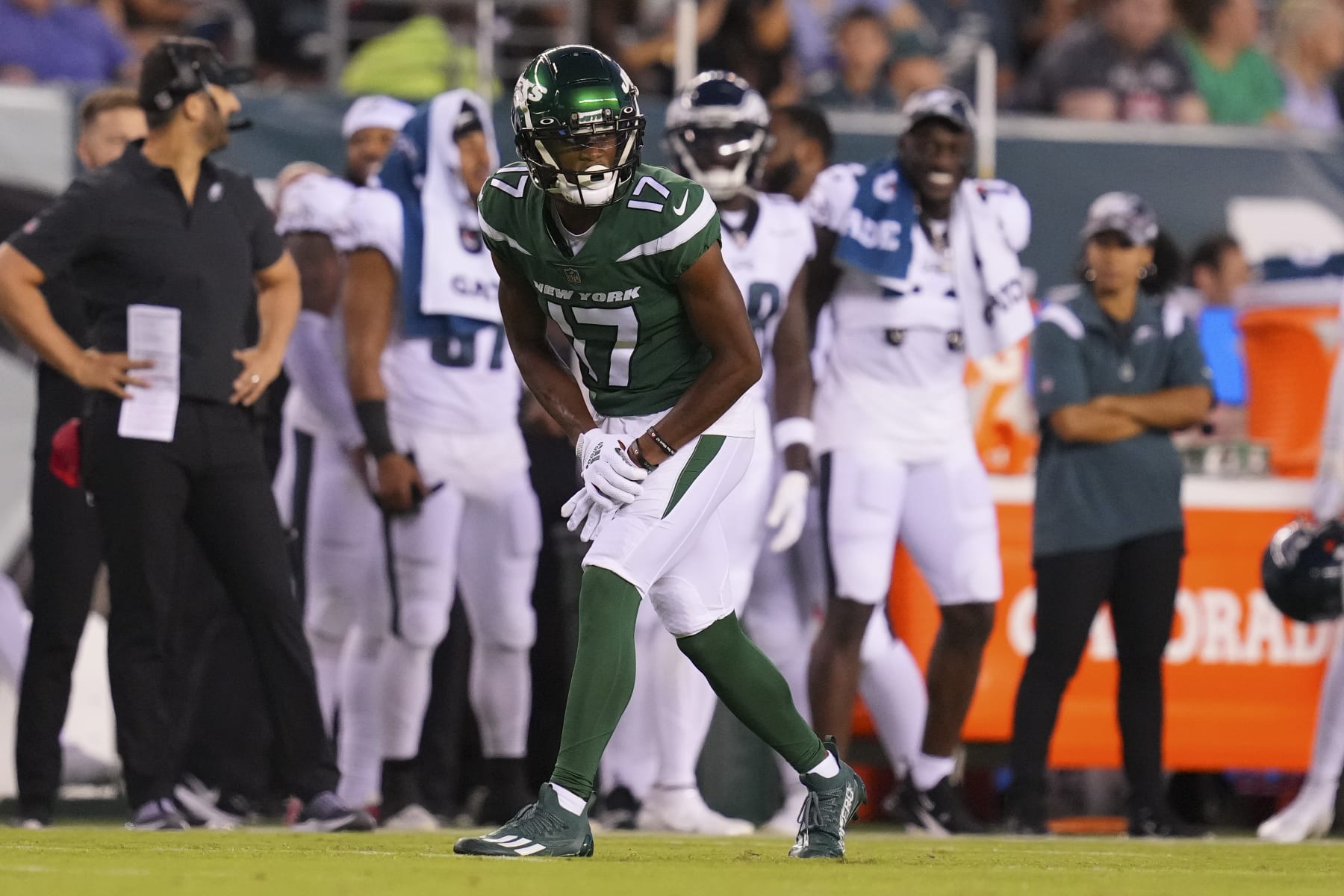 PHILADELPHIA, PA - AUGUST 12: Garrett Wilson #17 of the New York Jets looks on against the Philadelphia Eagles during the preseason game at Lincoln Financial Field on August 12, 2022 in Philadelphia, Pennsylvania. The Jets defeated the Eagles 24-21. (Photo by Mitchell Leff/Getty Images)