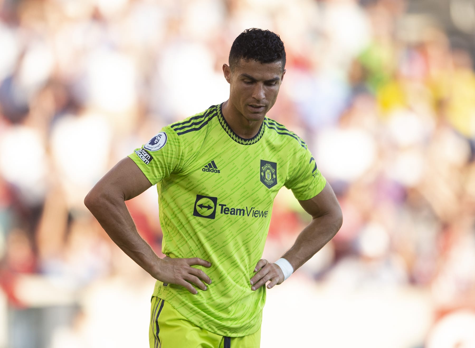 BRENTFORD, ENGLAND - AUGUST 13: Cristiano Ronaldo of Manchester United reacts to defeat after the Premier League match between Brentford FC and Manchester United at Brentford Community Stadium on August 13, 2022 in Brentford, United Kingdom. (Photo by Visionhaus/Getty Images)