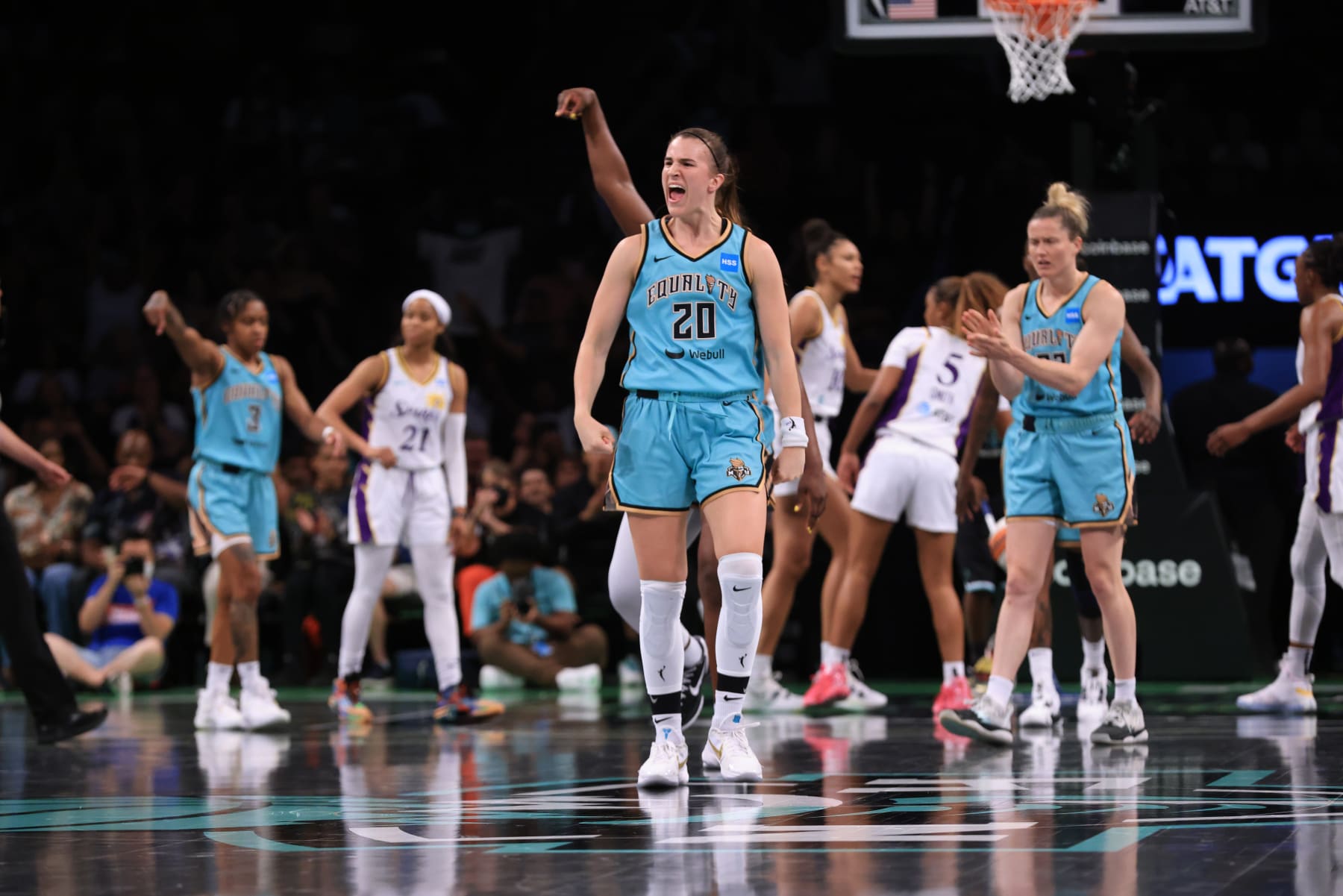 BROOKLYN, NY - AUGUST 2: Sabrina Ionescu #20 of the New York Liberty celebrates against the Los Angeles Sparks on August 2, 2022 at the Barclays Center in Brooklyn, New York. NOTE TO USER: User expressly acknowledges and agrees that, by downloading and or using this photograph, user is consenting to the terms and conditions of the Getty Images License Agreement. Mandatory Copyright Notice: Copyright 2022 NBAE (Photo by Steven Freeman/NBAE via Getty Images)