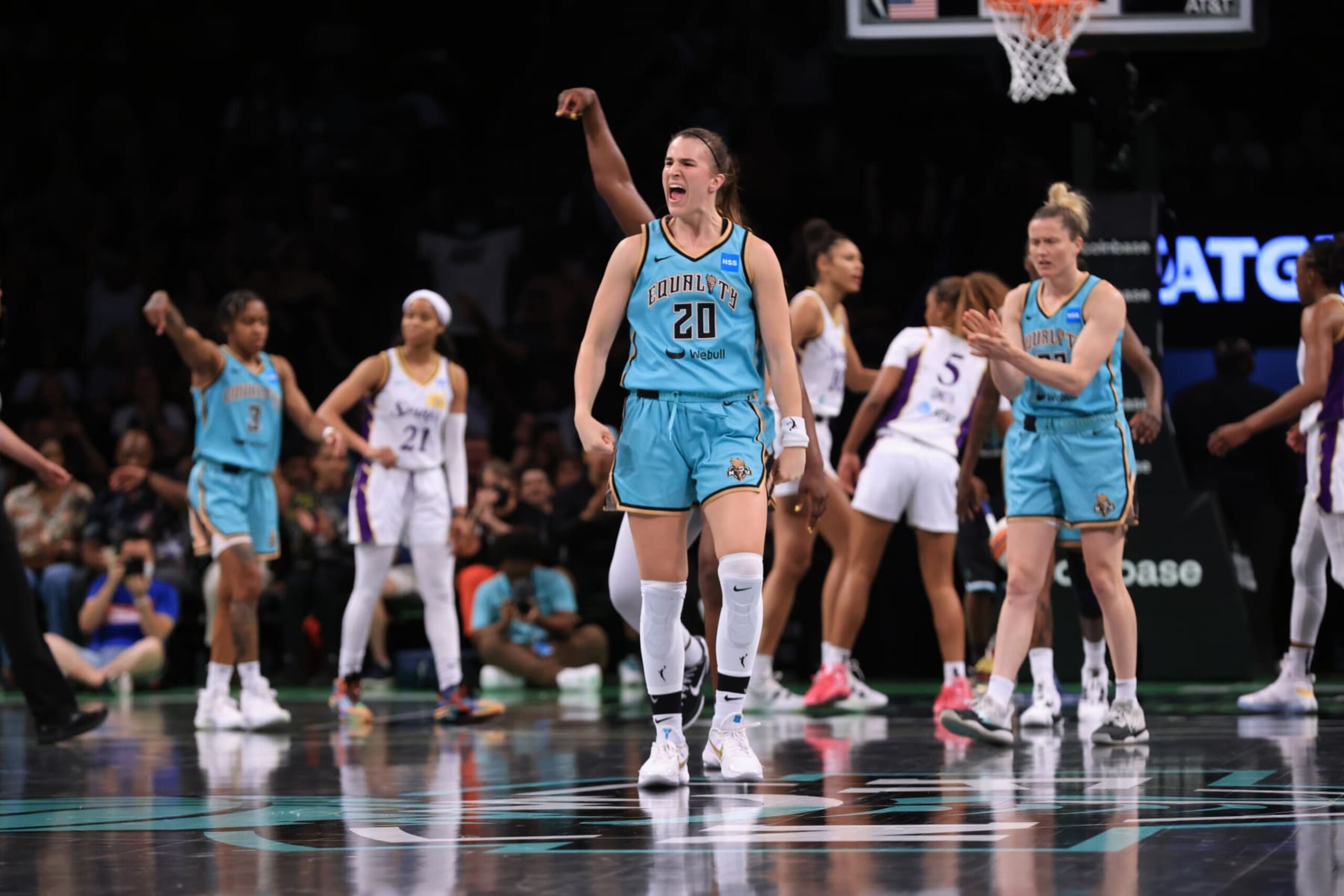 BROOKLYN, NY - AUGUST 2: Sabrina Ionescu #20 of the New York Liberty celebrates against the Los Angeles Sparks on August 2, 2022 at the Barclays Center in Brooklyn, New York. NOTE TO USER: User expressly acknowledges and agrees that, by downloading and or using this photograph, user is consenting to the terms and conditions of the Getty Images License Agreement. Mandatory Copyright Notice: Copyright 2022 NBAE (Photo by Steven Freeman/NBAE via Getty Images)