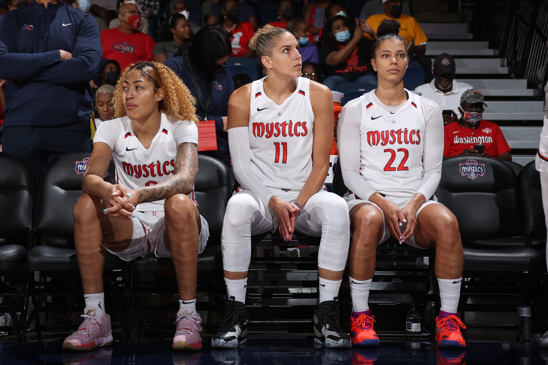 WASHINGTON, DC - AUGUST 14: Washington Mystics bench looks on before the game against the Indiana Fever on August 14, 2022 at Entertainment & Sports Arena in Washington, DC. NOTE TO USER: User expressly acknowledges and agrees that, by downloading and or using this Photograph, user is consenting to the terms and conditions of the Getty Images License Agreement. Mandatory Copyright Notice: Copyright 2022 NBAE (Photo by Stephen Gosling/NBAE via Getty Images)