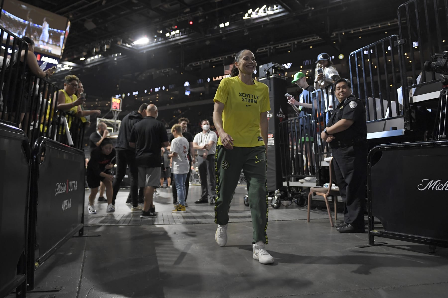 LAS VEGAS, NV - AUGUST 14: Sue Bird #10 of the Seattle Storm walks off the court prior to the game against the Las Vegas Aces on August 14, 2022 at  Michelob ULTRA Arena in Las Vegas, Nevada. NOTE TO USER: User expressly acknowledges and agrees that, by downloading and or using this photograph, User is consenting to the terms and conditions of the Getty Images License Agreement. Mandatory Copyright Notice: Copyright 2022 NBAE (Photo by David Becker/NBAE via Getty Images)