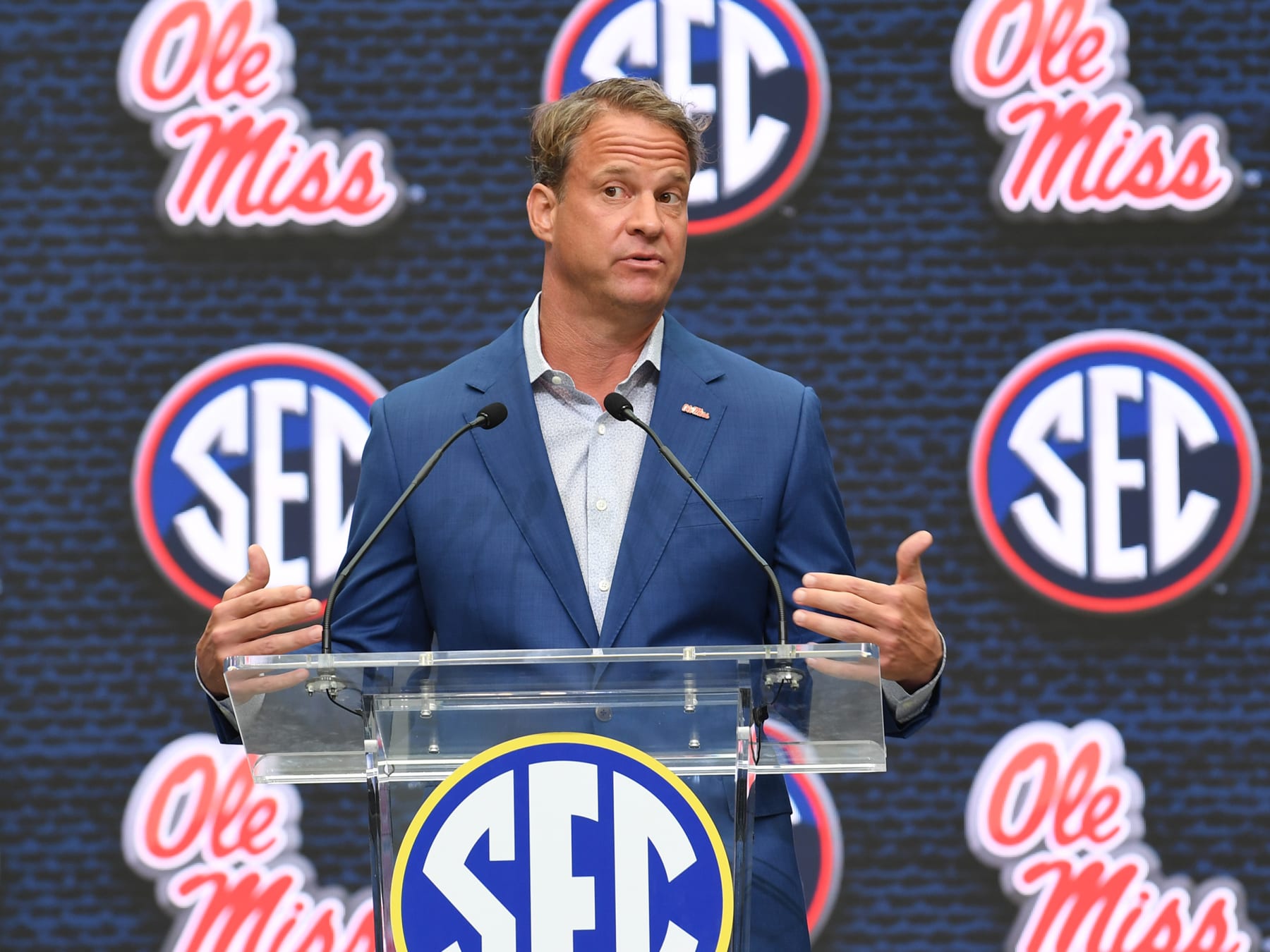 ATLANTA, GA - JULY 18: Ole Miss Rebels Head Coach Lane Kiffin addresses the media during the SEC Football Kickoff Media Days on July 18, 2022, at the College Football Hall of Fame in Atlanta, GA.(Photo by Jeffrey Vest/Icon Sportswire via Getty Images)