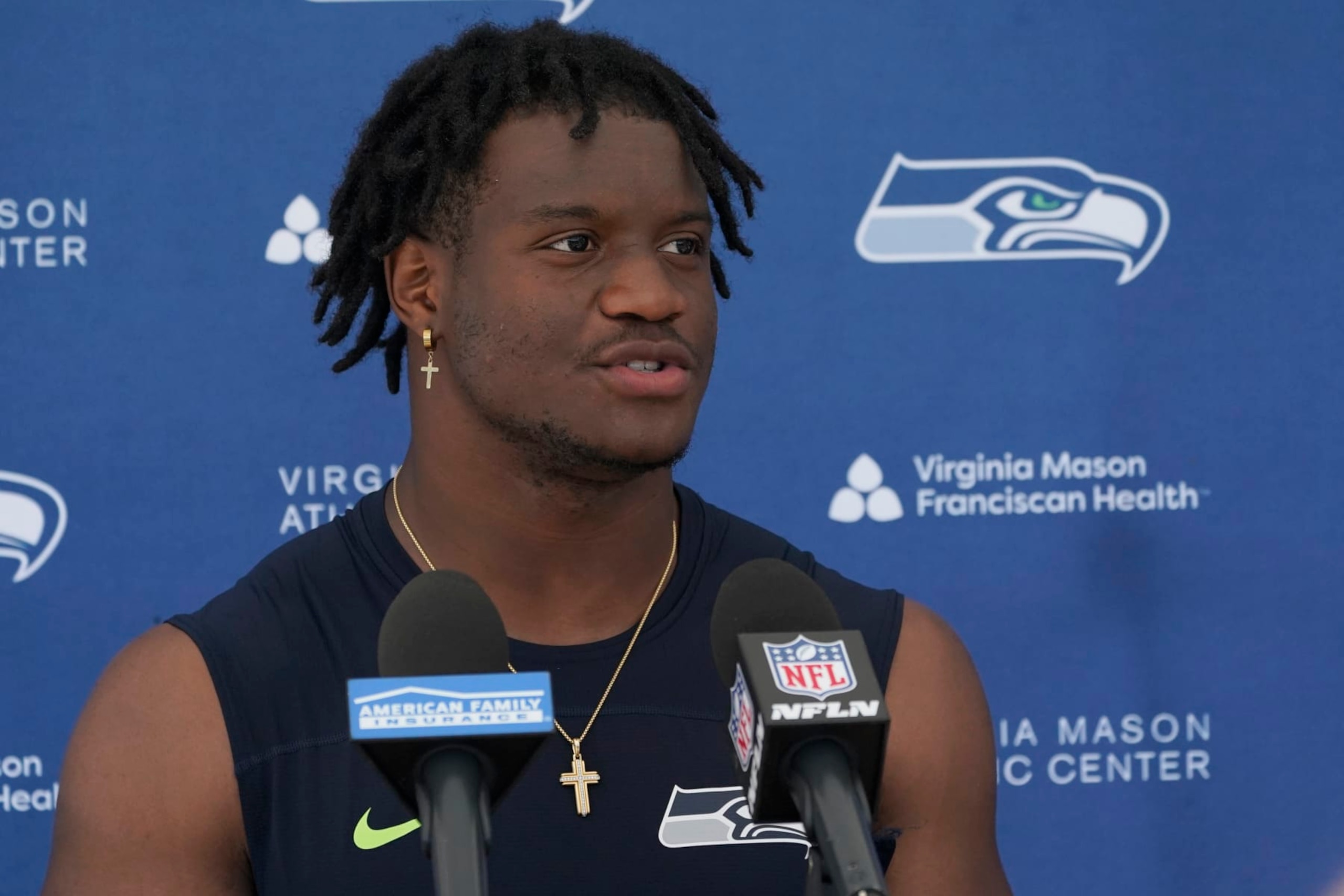 Seattle Seahawks running back Kenneth Walker talks to reporters after NFL football practice Wednesday, Aug. 3, 2022, in Renton, Wash. (AP Photo/Ted S. Warren)
