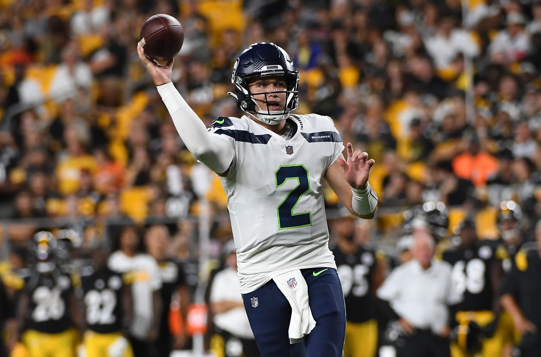 PITTSBURGH, PA - AUGUST 13: Drew Lock #2 of the Seattle Seahawks throws a pass for a two point conversion in the fourth quarter during a preseason game against the Pittsburgh Steelers at Acrisure Stadium on August 13, 2022 in Pittsburgh, Pennsylvania. (Photo by Justin Berl/Getty Images)