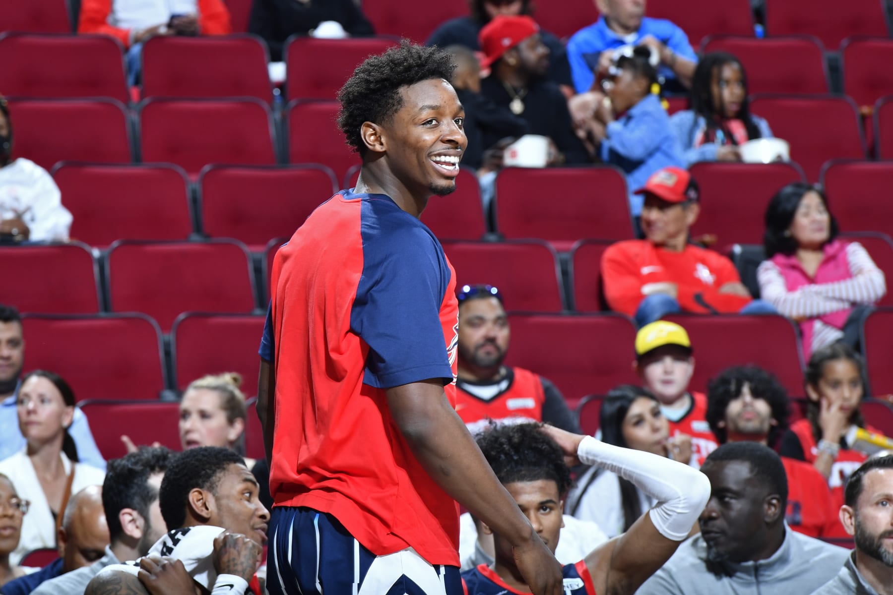 HOUSTON, TX - APRIL 1: JaeSean Tate #8 of the Houston Rockets smiles during the game against the Sacramento Kings on April 1, 2022 at the Toyota Center in Houston, Texas. NOTE TO USER: User expressly acknowledges and agrees that, by downloading and or using this photograph, User is consenting to the terms and conditions of the Getty Images License Agreement. Mandatory Copyright Notice: Copyright 2022 NBAE (Photo by Logan Riely/NBAE via Getty Images)