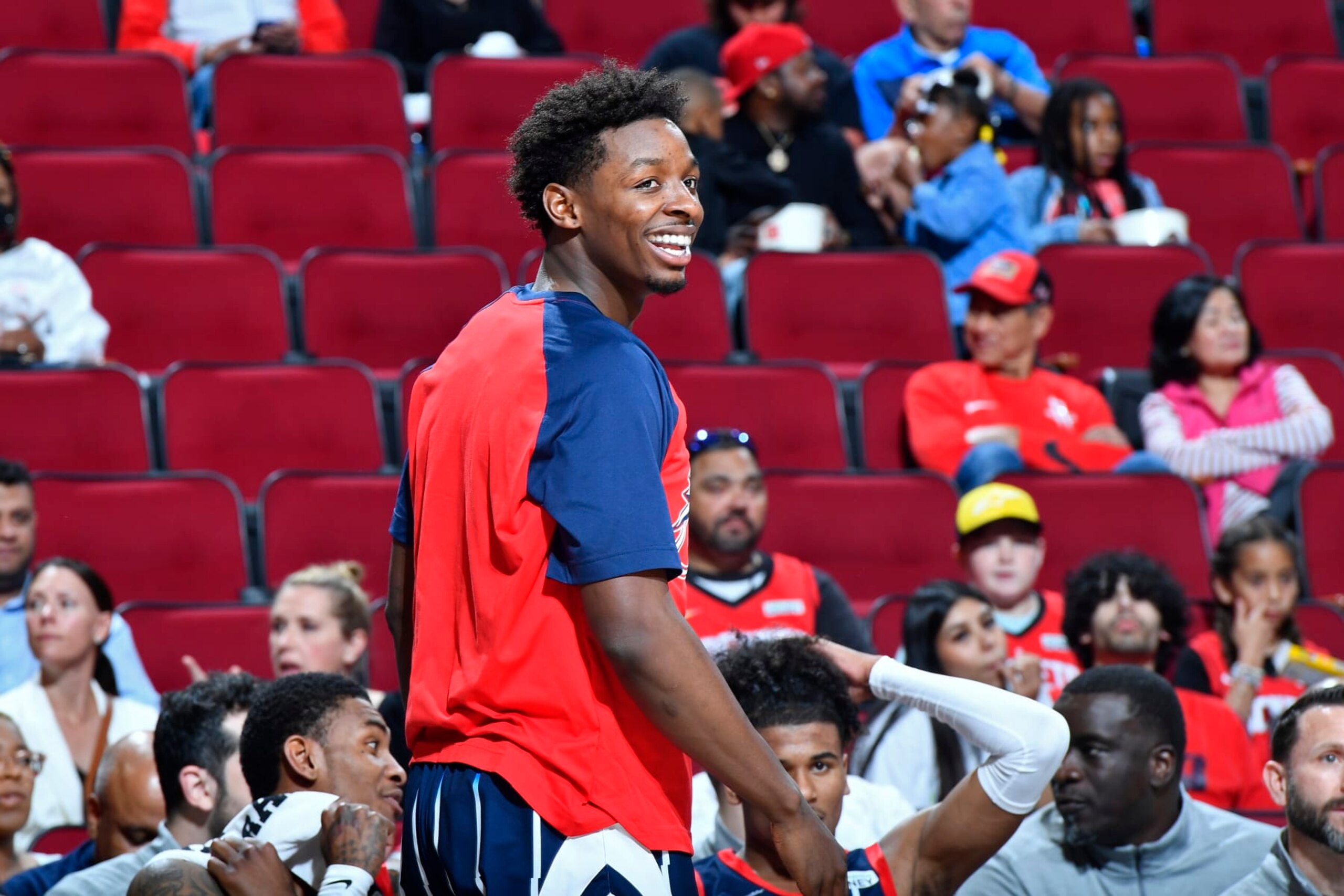 HOUSTON, TX - APRIL 1: JaeSean Tate #8 of the Houston Rockets smiles during the game against the Sacramento Kings on April 1, 2022 at the Toyota Center in Houston, Texas. NOTE TO USER: User expressly acknowledges and agrees that, by downloading and or using this photograph, User is consenting to the terms and conditions of the Getty Images License Agreement. Mandatory Copyright Notice: Copyright 2022 NBAE (Photo by Logan Riely/NBAE via Getty Images)