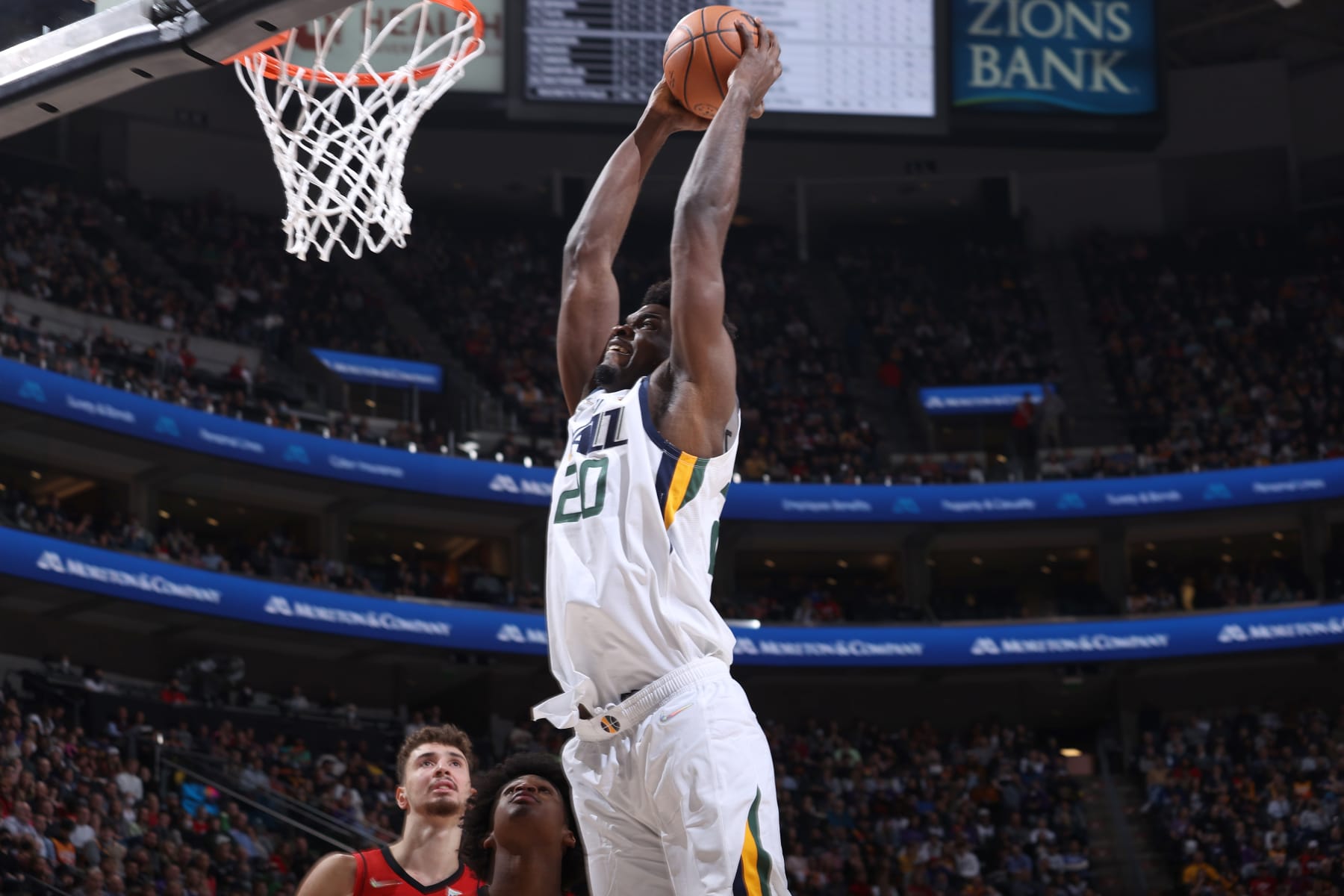 SALT LAKE CITY, UT - FEBRUARY 14: Udoka Azubuike #20 of the Utah Jazz dunks the ball during the game against the Houston Rockets on February 14, 2022 at vivint.SmartHome Arena in Salt Lake City, Utah. NOTE TO USER: User expressly acknowledges and agrees that, by downloading and or using this Photograph, User is consenting to the terms and conditions of the Getty Images License Agreement. Mandatory Copyright Notice: Copyright 2022 NBAE (Photo by Melissa Majchrzak/NBAE via Getty Images)