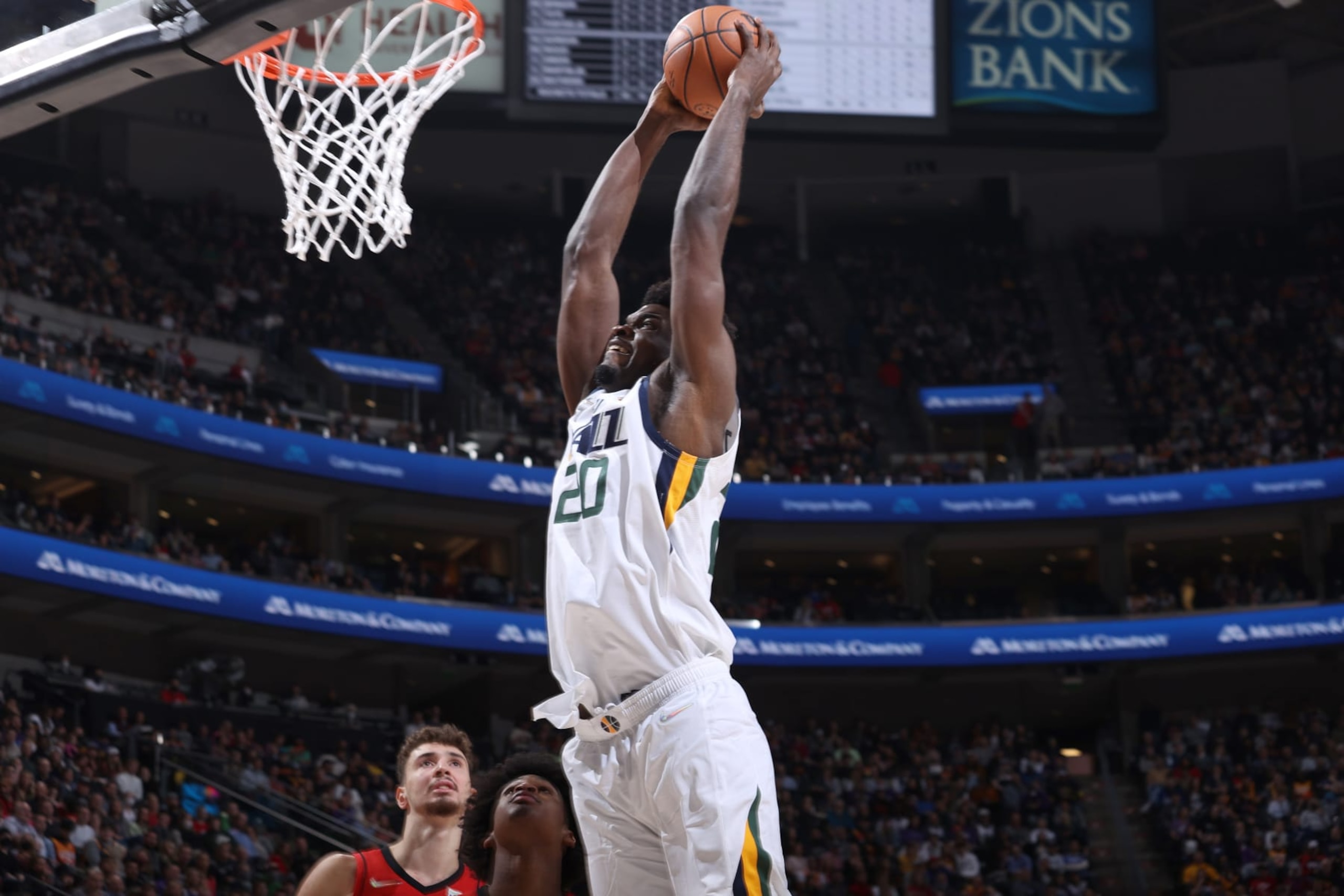SALT LAKE CITY, UT - FEBRUARY 14: Udoka Azubuike #20 of the Utah Jazz dunks the ball during the game against the Houston Rockets on February 14, 2022 at vivint.SmartHome Arena in Salt Lake City, Utah. NOTE TO USER: User expressly acknowledges and agrees that, by downloading and or using this Photograph, User is consenting to the terms and conditions of the Getty Images License Agreement. Mandatory Copyright Notice: Copyright 2022 NBAE (Photo by Melissa Majchrzak/NBAE via Getty Images) SALT LAKE CITY, UT - FEBRUARY 14: Udoka Azubuike #20 of the Utah Jazz dunks the ball during the game against the Houston Rockets on February 14, 2022 at vivint.SmartHome Arena in Salt Lake City, Utah. NOTE TO USER: User expressly acknowledges and agrees that, by downloading and or using this Photograph, User is consenting to the terms and conditions of the Getty Images License Agreement. Mandatory Copyright Notice: Copyright 2022 NBAE (Photo by Melissa Majchrzak/NBAE via Getty Images)
