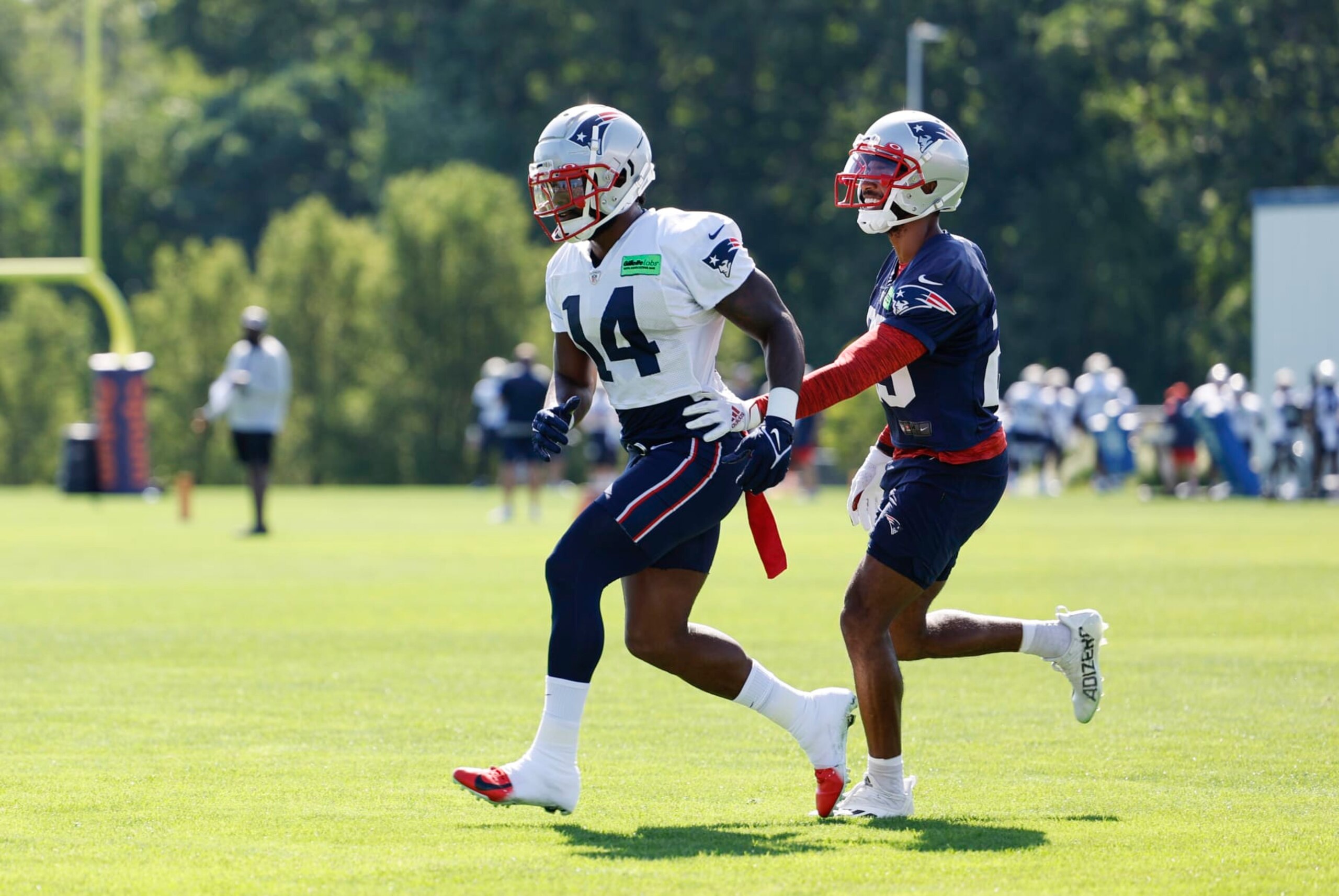 FOXBOROUGH, MA - JULY 30: New England Patriots wide receiver Ty Montgomery (14) escapes during day 4 of New England Patriots training camp on July 30, 2022, at the Patriots Training Facility at Gillette Stadium in Foxborough, Massachusetts. (Photo by Fred Kfoury III/Icon Sportswire via Getty Images)