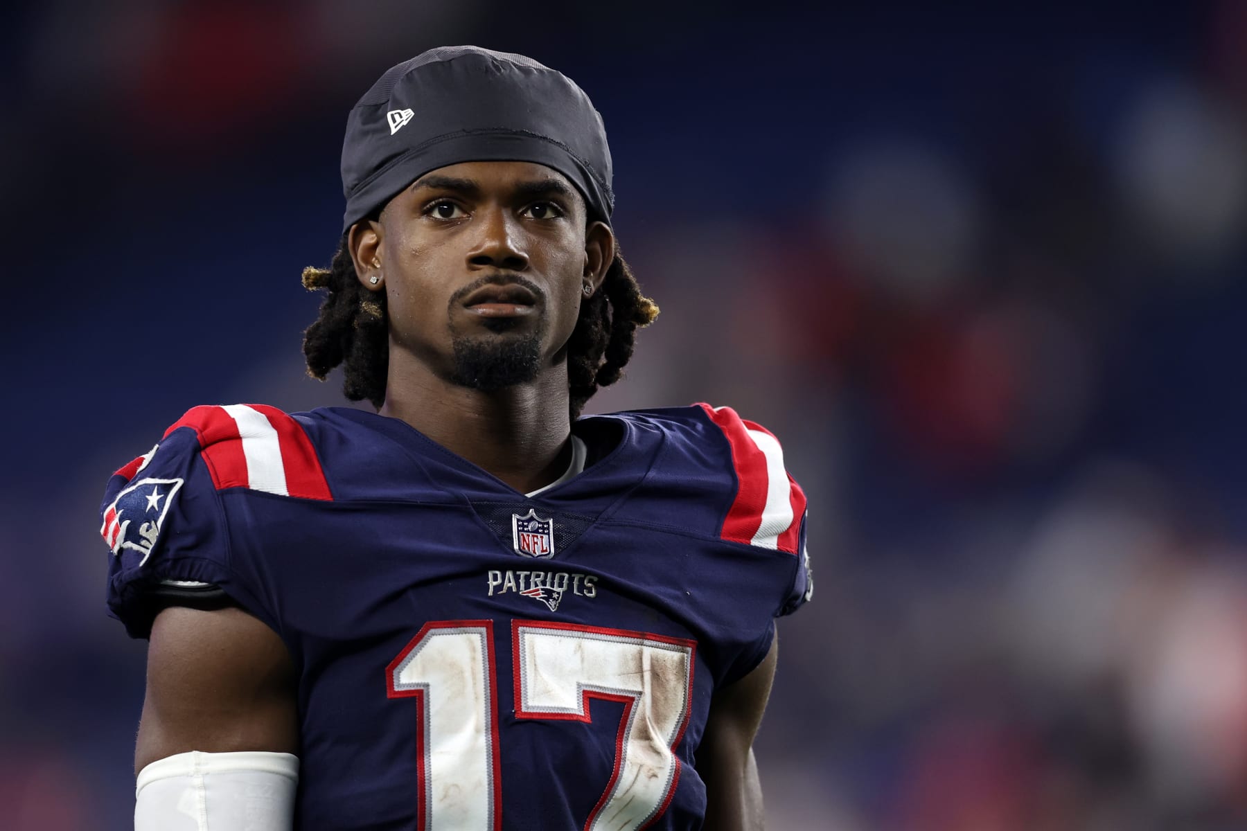 FOXBOROUGH, MASSACHUSETTS - AUGUST 11: Kristian Wilkerson #17 of the New England Patriots looks on during the preseason game between the New York Giants and the New England Patriots at Gillette Stadium on August 11, 2022 in Foxborough, Massachusetts. (Photo by Maddie Meyer/Getty Images)