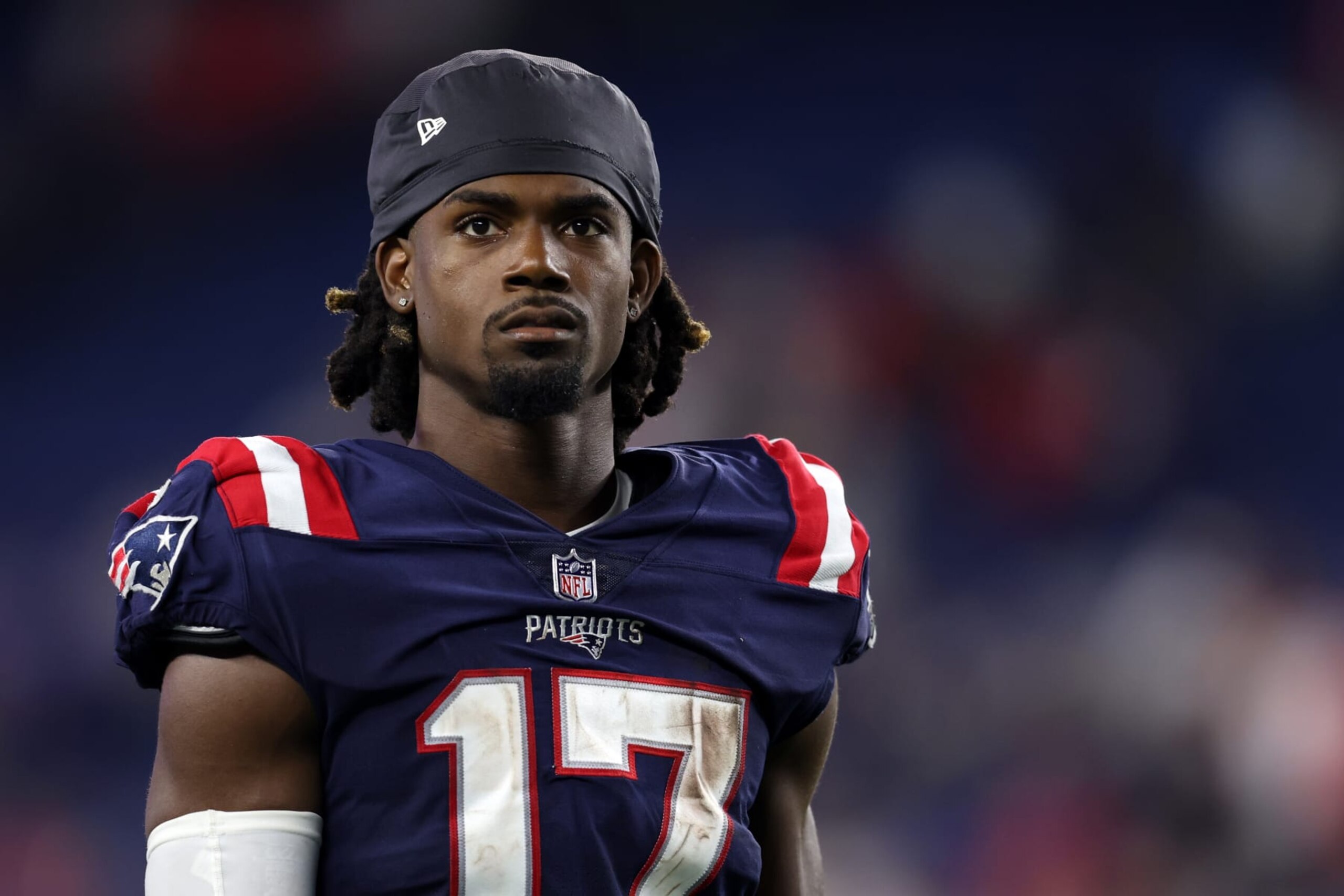 FOXBOROUGH, MASSACHUSETTS - AUGUST 11: Kristian Wilkerson #17 of the New England Patriots looks on during the preseason game between the New York Giants and the New England Patriots at Gillette Stadium on August 11, 2022 in Foxborough, Massachusetts. (Photo by Maddie Meyer/Getty Images)