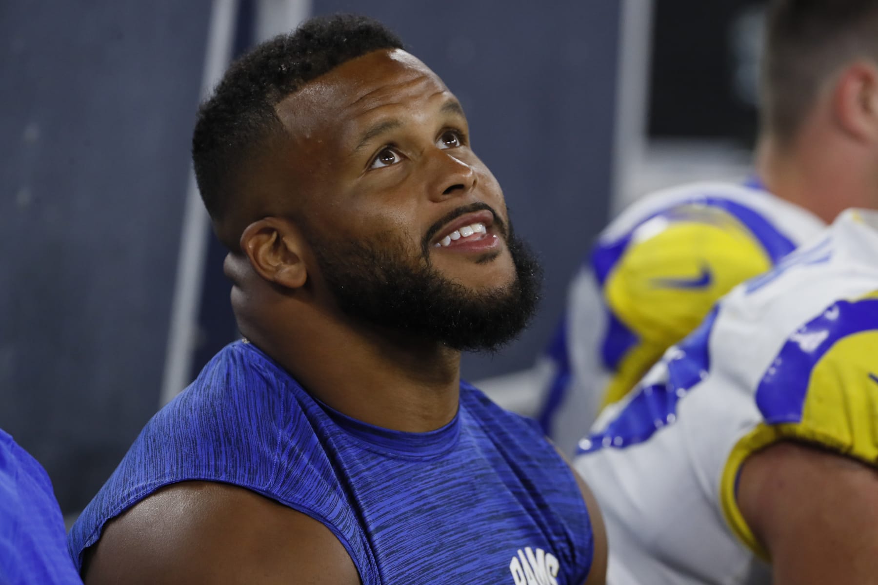 Inglewood, CA, Saturday, August 13, 2022 - Los Angeles Rams defensive tackle Aaron Donald looks on from the sideline during a preseason game against the Chargers at SoFi Stadium. (Robert Gauthier/Los Angeles Times via Getty Images)