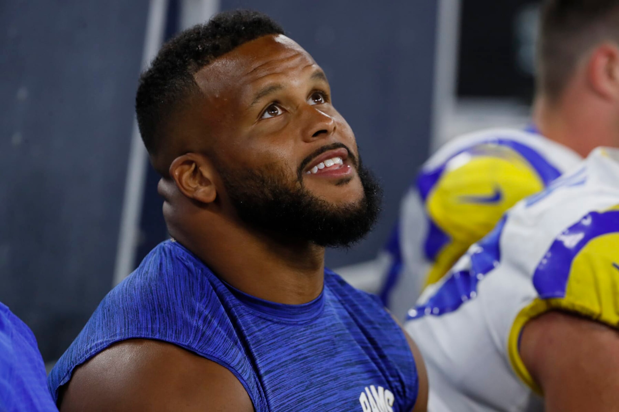 Inglewood, CA, Saturday, August 13, 2022 - Los Angeles Rams defensive tackle Aaron Donald looks on from the sideline during a preseason game against the Chargers at SoFi Stadium. (Robert Gauthier/Los Angeles Times via Getty Images)