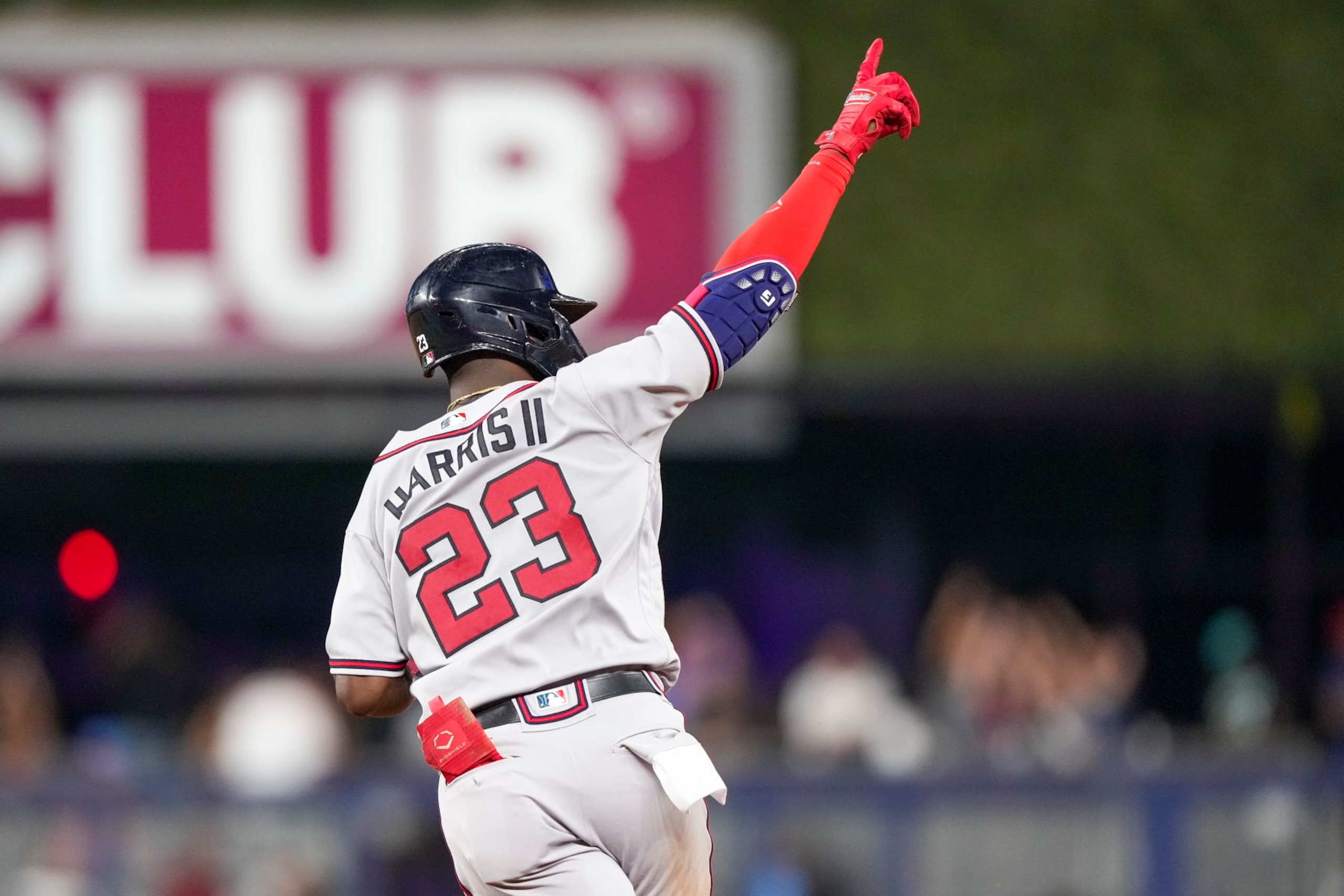 MIAMI, FLORIDA - AUGUST 12: Michael Harris II #23 of the Atlanta Braves points to the crowd after hitting a home run in the eighth inning against the Miami Marlins at loanDepot park on August 12, 2022 in Miami, Florida. (Photo by Eric Espada/Getty Images)