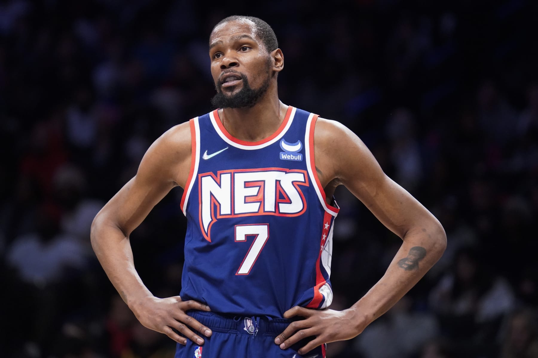 FILE - Brooklyn Nets forward Kevin Durant reacts to a referee's call during the first half of the team's NBA basketball game against the Miami Heat, Thursday, March 3, 2022, in New York. Kevin Durant has requested a trade from the Brooklyn Nets, according to a person with direct knowledge of the seismic decision that undoubtedly will have teams scrambling to put together enormous offers for the perennial All-Star.(AP Photo/John Minchillo, File) FILE - Brooklyn Nets forward Kevin Durant reacts to a referee's call during the first half of the team's NBA basketball game against the Miami Heat, Thursday, March 3, 2022, in New York. Kevin Durant has requested a trade from the Brooklyn Nets, according to a person with direct knowledge of the seismic decision that undoubtedly will have teams scrambling to put together enormous offers for the perennial All-Star.(AP Photo/John Minchillo, File)