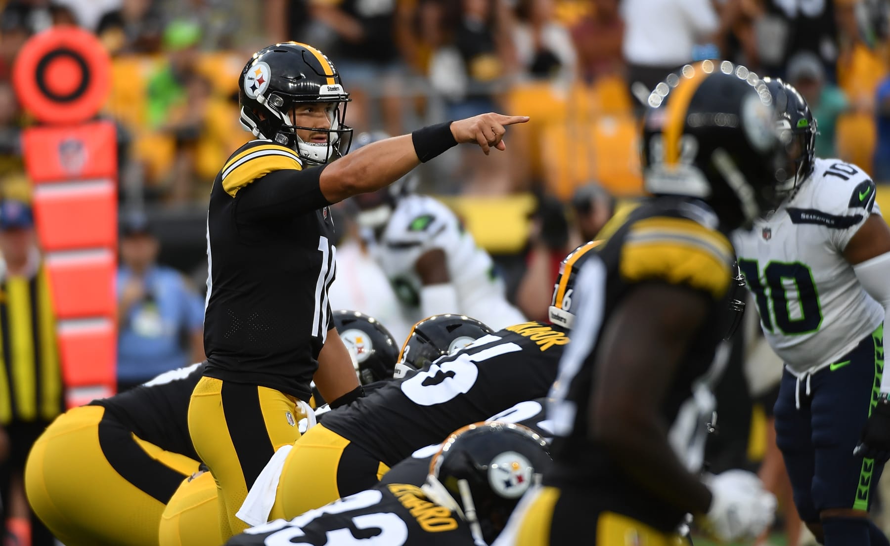 PITTSBURGH, PA - AUGUST 13: Mitch Trubisky #10 of the Pittsburgh Steelers signals to receivers while under center in the first quarter during a preseason game against the Seattle Seahawks at Acrisure Stadium on August 13, 2022 in Pittsburgh, Pennsylvania. (Photo by Justin Berl/Getty Images)