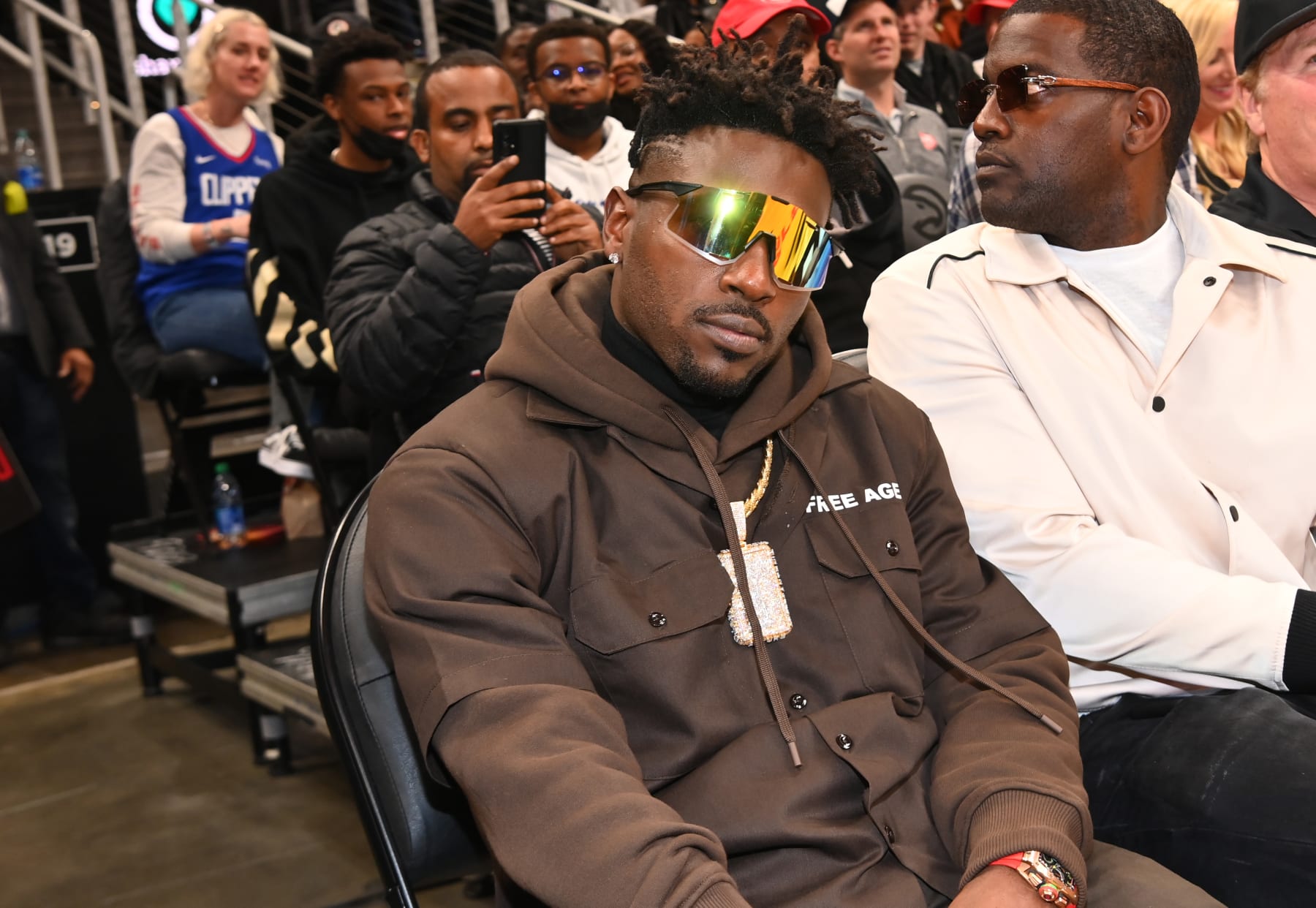 ATLANTA, GEORGIA - MARCH 11:  NFL player Antonio Brown attends the game between the Los Angeles Clippers and the Atlanta Hawks at State Farm Arena on March 11, 2022 in Atlanta, Georgia. (Photo by Paras Griffin/Getty Images)