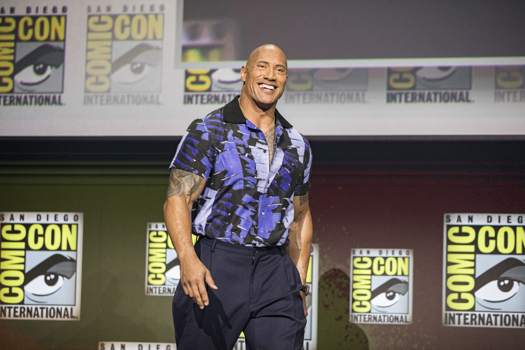 SAN DIEGO, CALIFORNIA - JULY 23: Actor Dwayne "The Rock" Johnson appears at the Warner Brothers panel promoting his upcoming film "Black Adam" at 2022 Comic-Con International Day 3 at San Diego Convention Center on July 23, 2022 in San Diego, California. (Photo by Daniel Knighton/Getty Images)