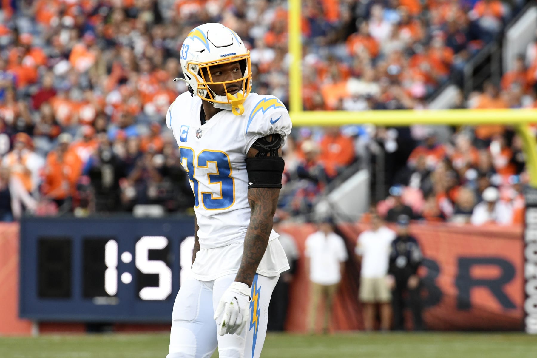 DENVER, CO - NOVEMBER 28: Los Angeles Chargers Safety Derwin James (33) looks to the sideline during the NFL game between the Los Angeles Chargers and the Denver Broncos on November 28, 2021, at Empower Field at Mile High in Denver, Colorado. (Photo by Michael Allio/Icon Sportswire via Getty Images)