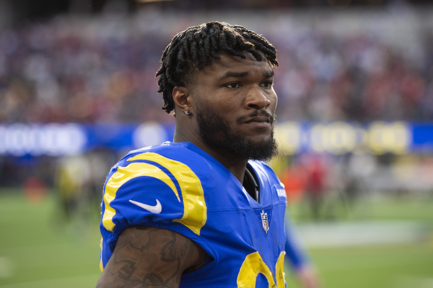 Los Angeles Rams running back Cam Akers (23) walks back to the locker room during an NFL football game against the San Francisco 49ers Sunday, Jan. 9, 2022, in Inglewood, Calif. (AP Photo/Kyusung Gong)