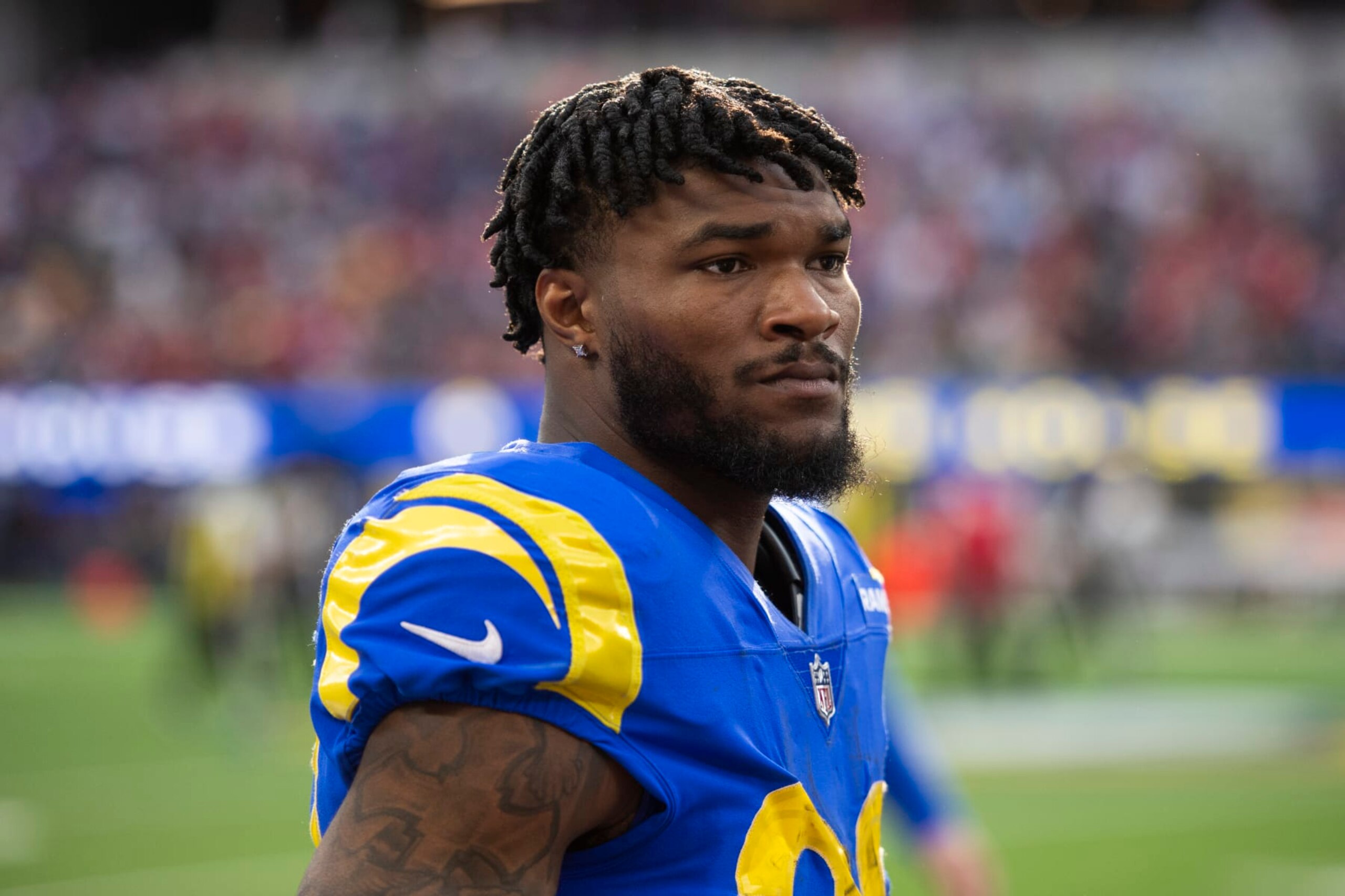 Los Angeles Rams running back Cam Akers (23) walks back to the locker room during an NFL football game against the San Francisco 49ers Sunday, Jan. 9, 2022, in Inglewood, Calif. (AP Photo/Kyusung Gong)