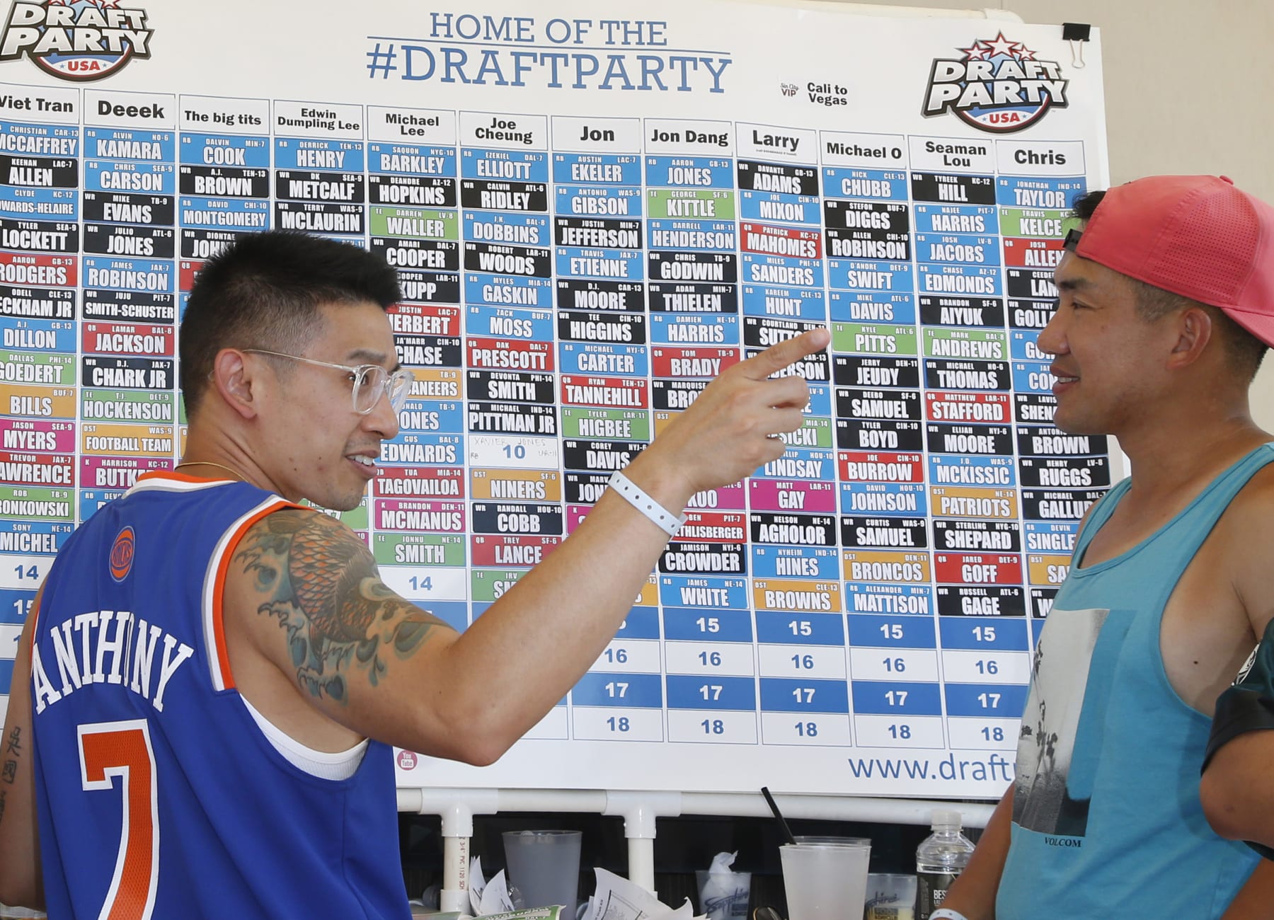 LAS VEGAS, NEVADA - AUGUST 21: Attendees fill out a Fantasy Football Draft Board during a pool party at Sapphire Pool & Day Club on August 21, 2021 in Las Vegas, Nevada. (Photo by Gabe Ginsberg/Getty Images)