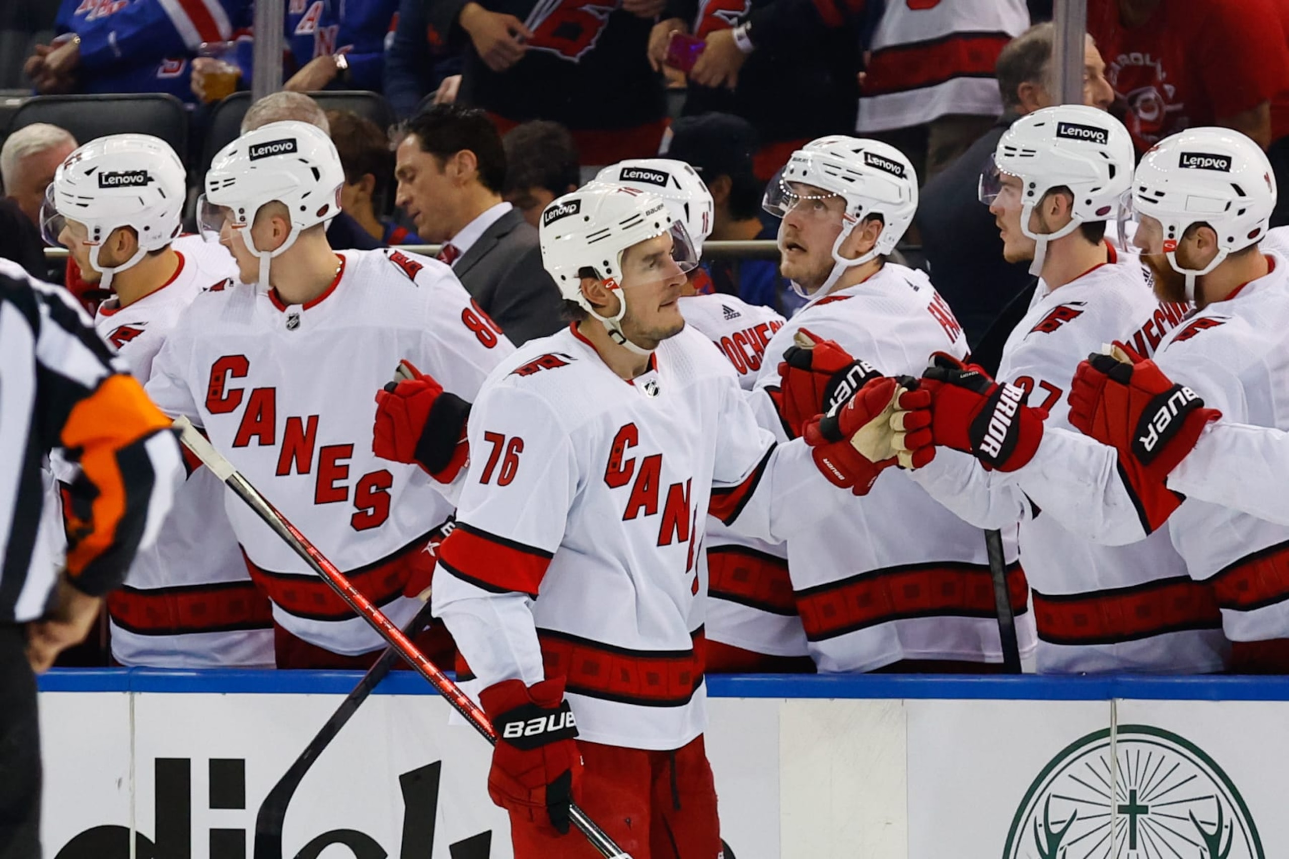 NEW YORK, NY - MAY 28:  Carolina Hurricanes defenseman Brady Skjei (76) comes to the the bench after scoring against the New York Rangers during Game 6 of round 2 of the Stanley Cup playoffs on May 28, 2022 at Madison Square Garden in New York, New York.   (Photo by Rich Graessle/Icon Sportswire via Getty Images)
