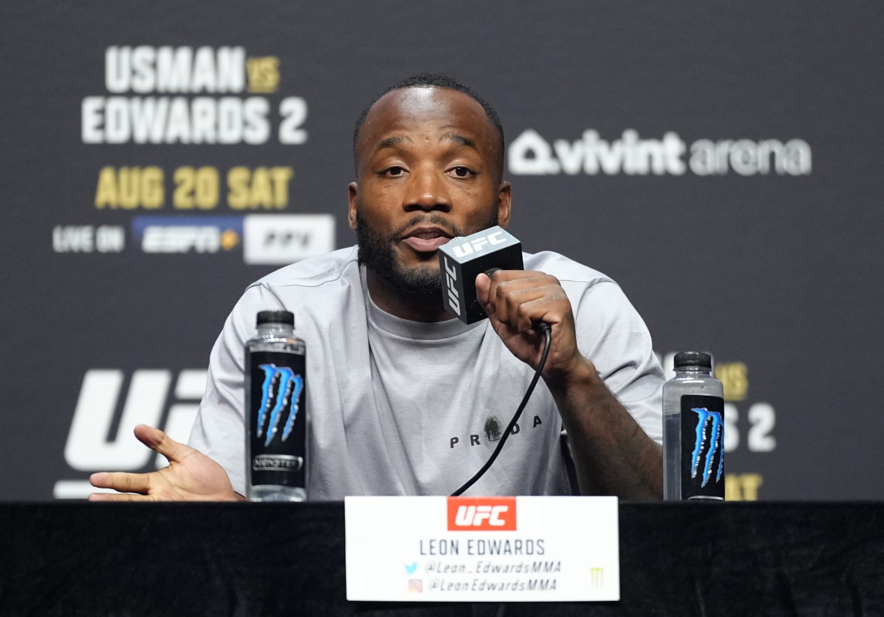 LAS VEGAS, NEVADA - JULY 01: Leon Edwards is seen on the stage during the UFC 276 ceremonial weigh-in at T-Mobile Arena on July 01, 2022 in Las Vegas, Nevada. (Photo by Jeff Bottari/Zuffa LLC)
