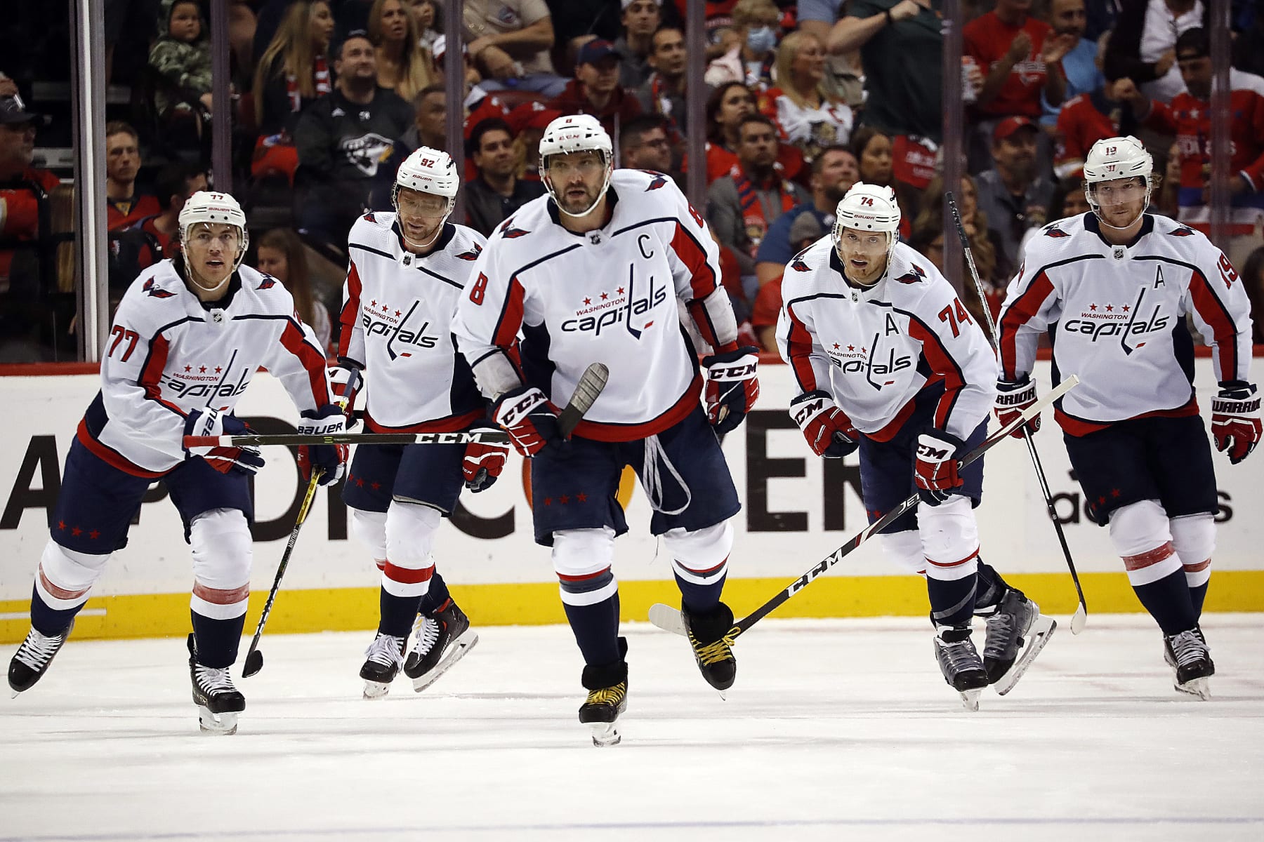 SUNRISE, FL - MAY 11: Alex Ovechkin #8 of the Washington Capitals skates off the ice after celebrating a goal by teammate T.J. Oshie #77 in the first period against the Florida Panthers in Game Five of the First Round of the 2022 Stanley Cup Playoffs at the FLA Live Arena on May 11, 2022 in Sunrise, Florida. (Photo by Eliot J. Schechter/NHLI via Getty Images)