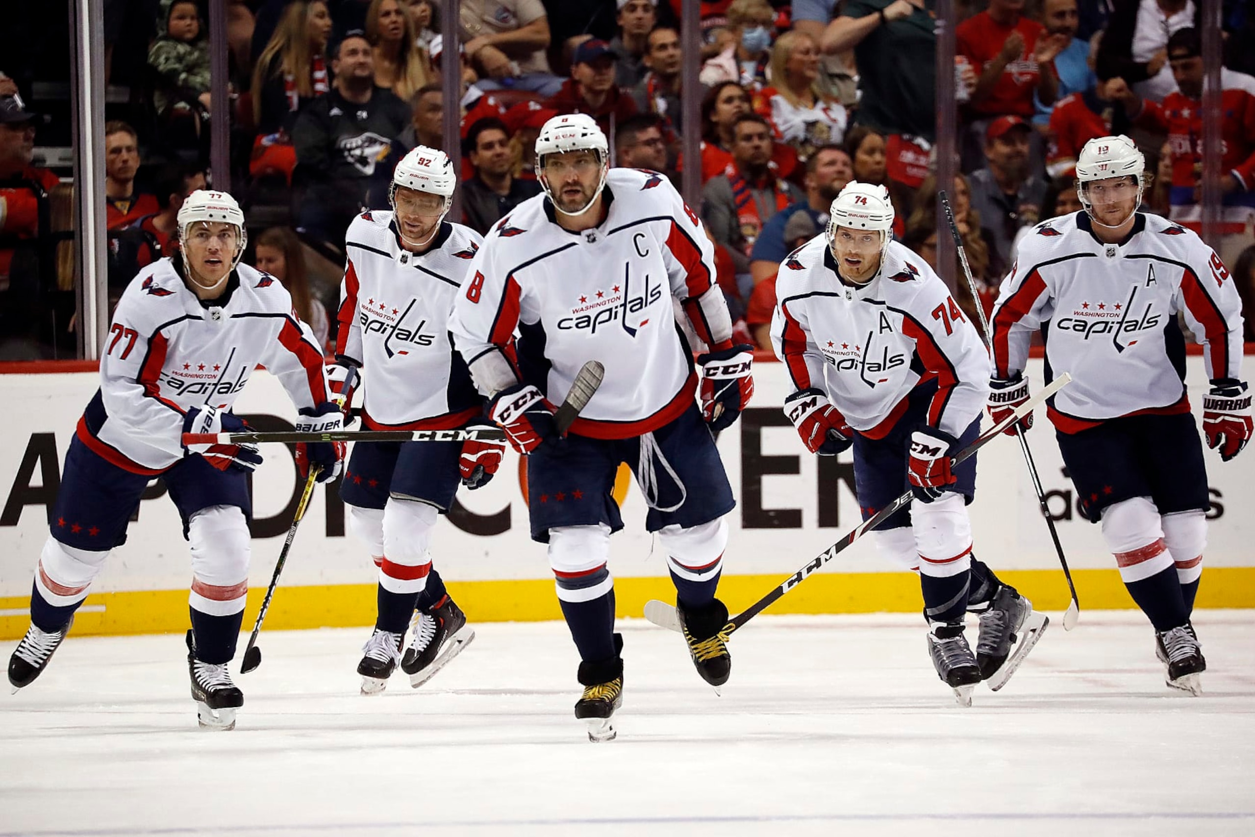 SUNRISE, FL - MAY 11: Alex Ovechkin #8 of the Washington Capitals skates off the ice after celebrating a goal by teammate T.J. Oshie #77 in the first period against the Florida Panthers in Game Five of the First Round of the 2022 Stanley Cup Playoffs at the FLA Live Arena on May 11, 2022 in Sunrise, Florida. (Photo by Eliot J. Schechter/NHLI via Getty Images)
