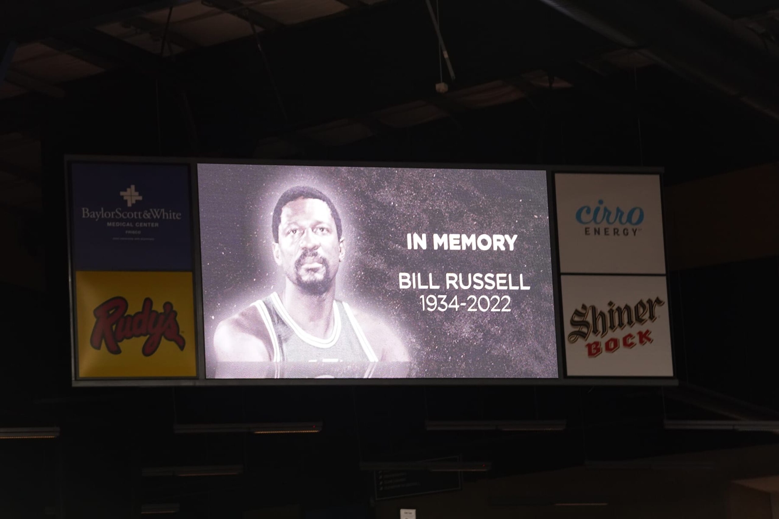 FRISCO, TEXAS - AUGUST 06: A general view of the screen during a moment of silence for Bill Russell during BIG3 Week Eight at Comerica Center on August 06, 2022 in Frisco, Texas. (Photo by Alex Bierens de Haan/Getty Images for BIG3)