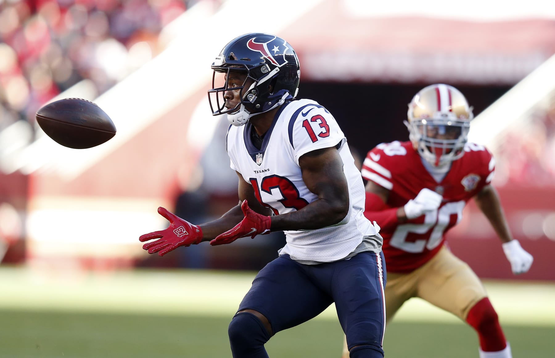 SANTA CLARA, CALIFORNIA - JANUARY 02: Brandin Cooks #13 of the Houston Texans catches the ball in the second quarter of the game against the San Francisco 49ers at Levi's Stadium on January 02, 2022 in Santa Clara, California. (Photo by Lachlan Cunningham/Getty Images)