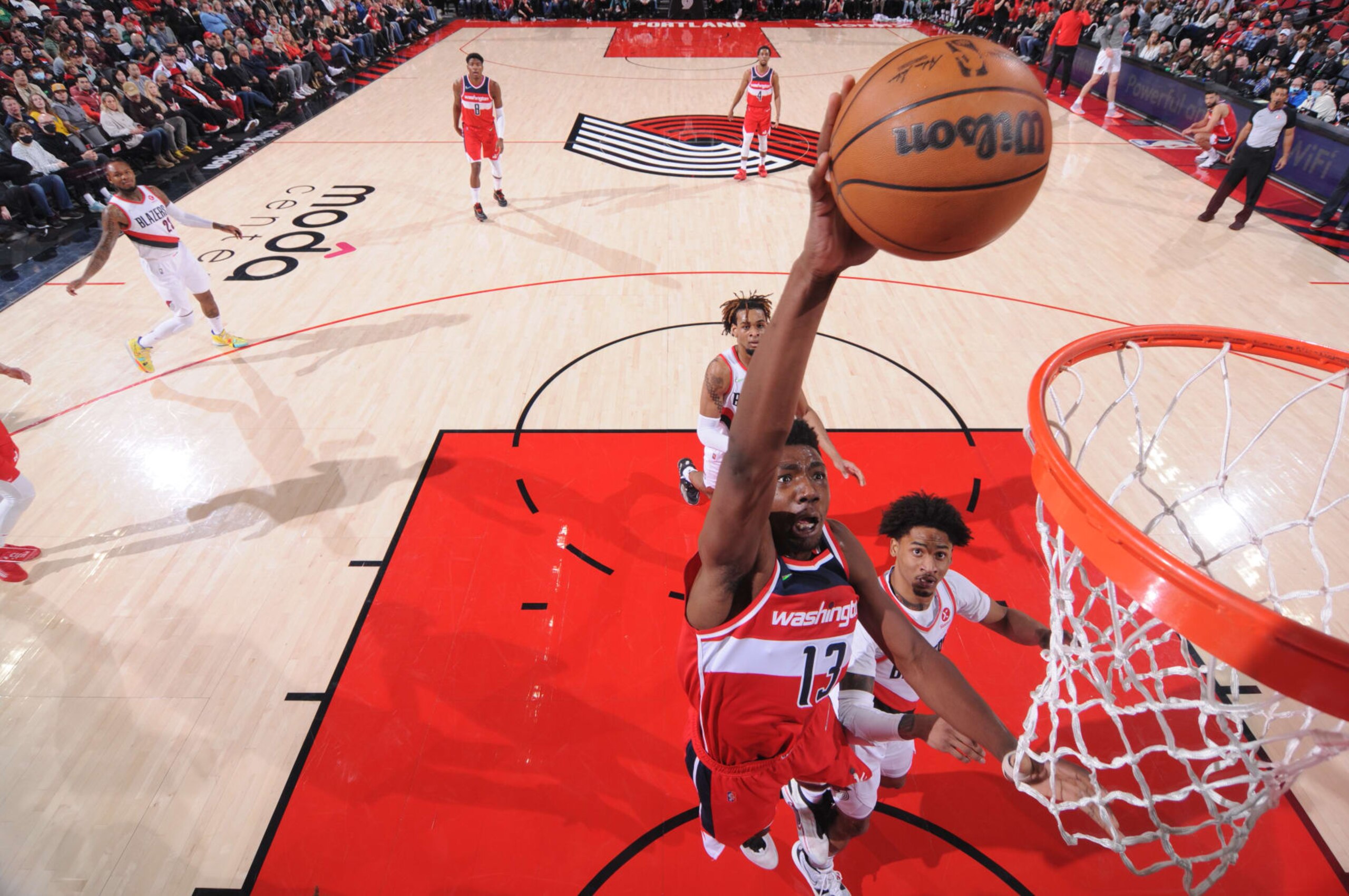 PORTLAND, OR - MARCH 12: Thomas Bryant #13 of the Washington Wizards shoots the ball during the game against the Portland Trail Blazers on March 12, 2022 at the Moda Center Arena in Portland, Oregon. NOTE TO USER: User expressly acknowledges and agrees that, by downloading and or using this photograph, user is consenting to the terms and conditions of the Getty Images License Agreement. Mandatory Copyright Notice: Copyright 2022 NBAE (Photo by Sam Forencich/NBAE via Getty Images)